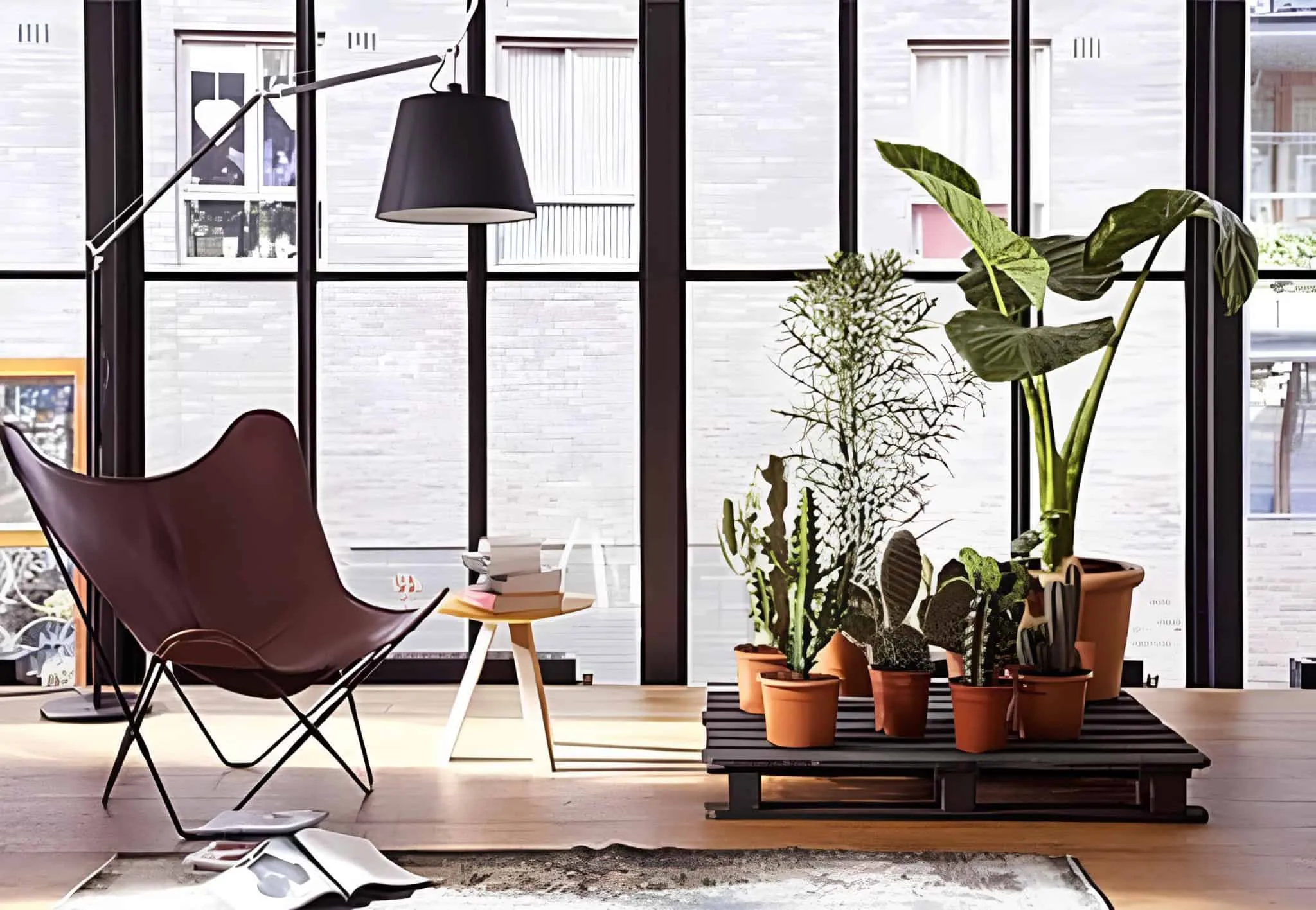 用深色涂漆托盘制作的现代植物架，非常适合室内花盆。