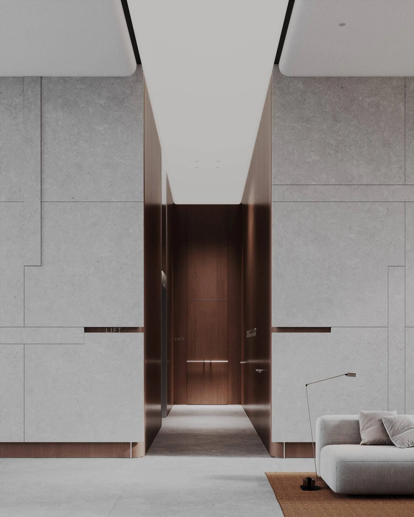 现代走廊配有木质面板和天花板柔和照明。