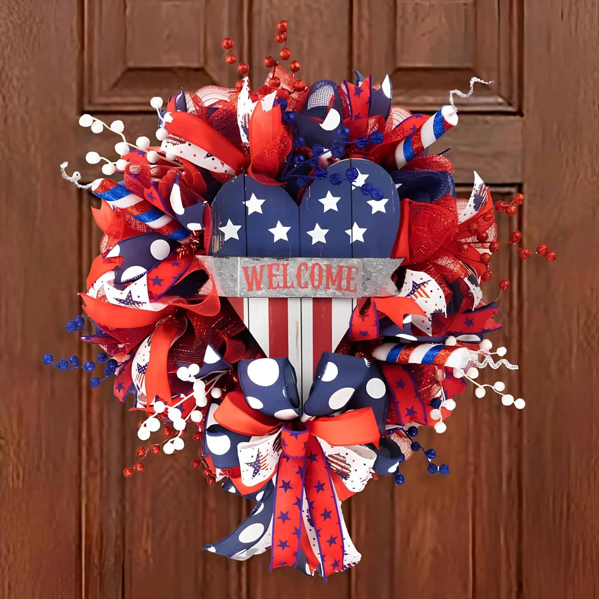 心形'欢迎'字样的花环，配有星形和条纹