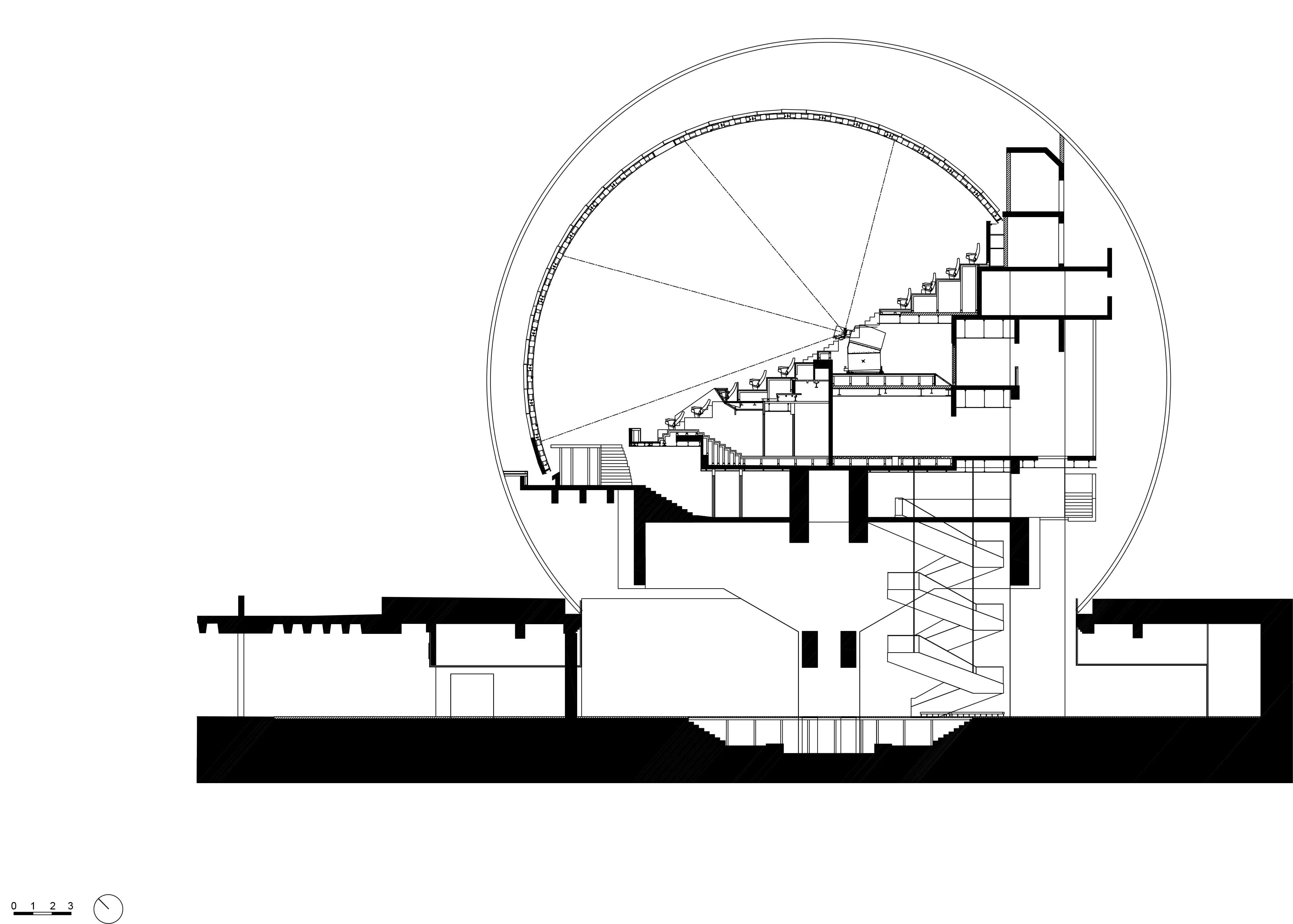 La Geode Longitudinal Section Detailed longitudinal section of La Géode revealing internal dome construction and movement flow.