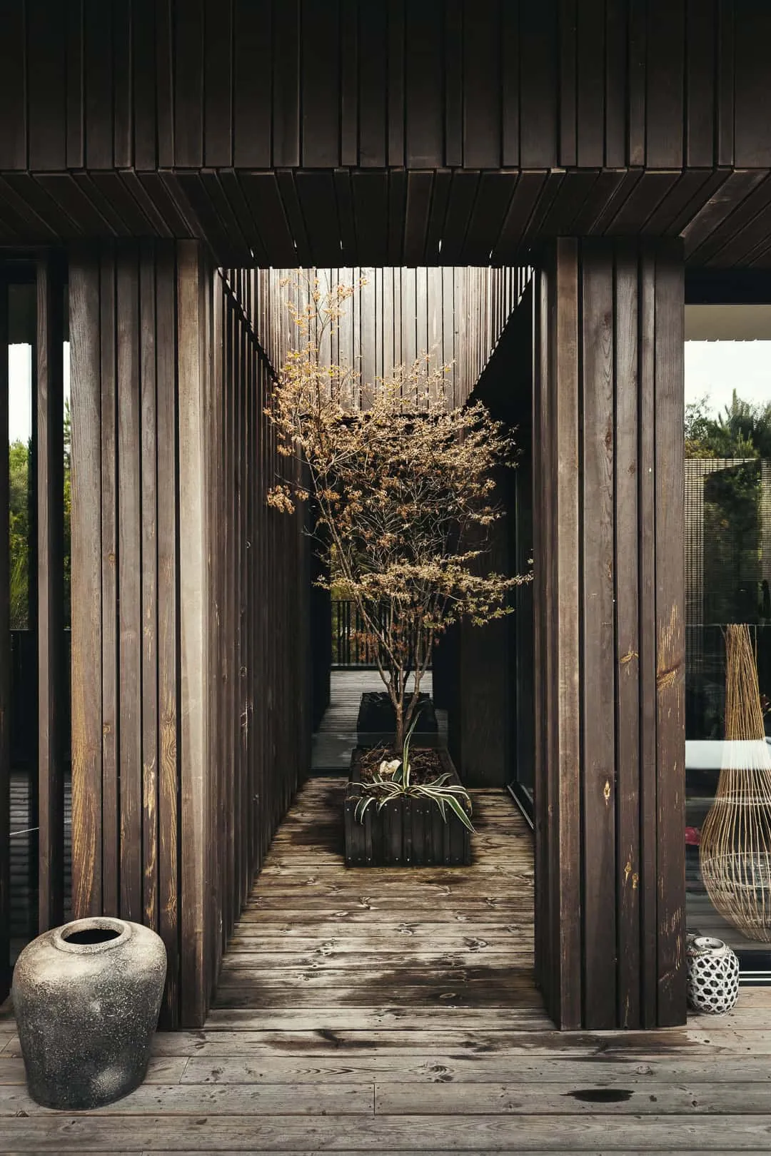 带木质走廊和树木种植的内部庭院。