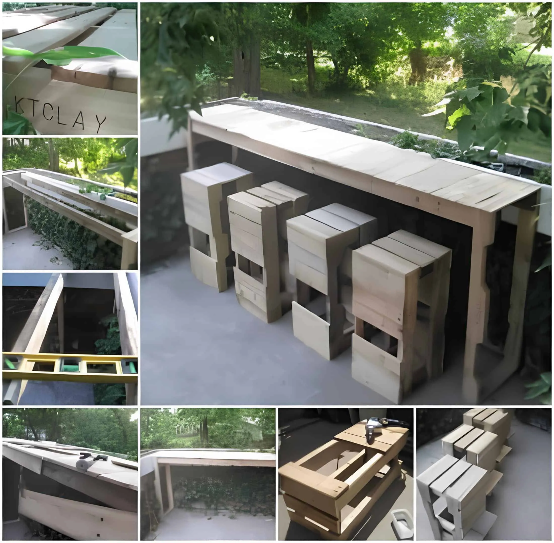 在绿色后院中，定制的托盘酒吧和椅子，配有天然木表面