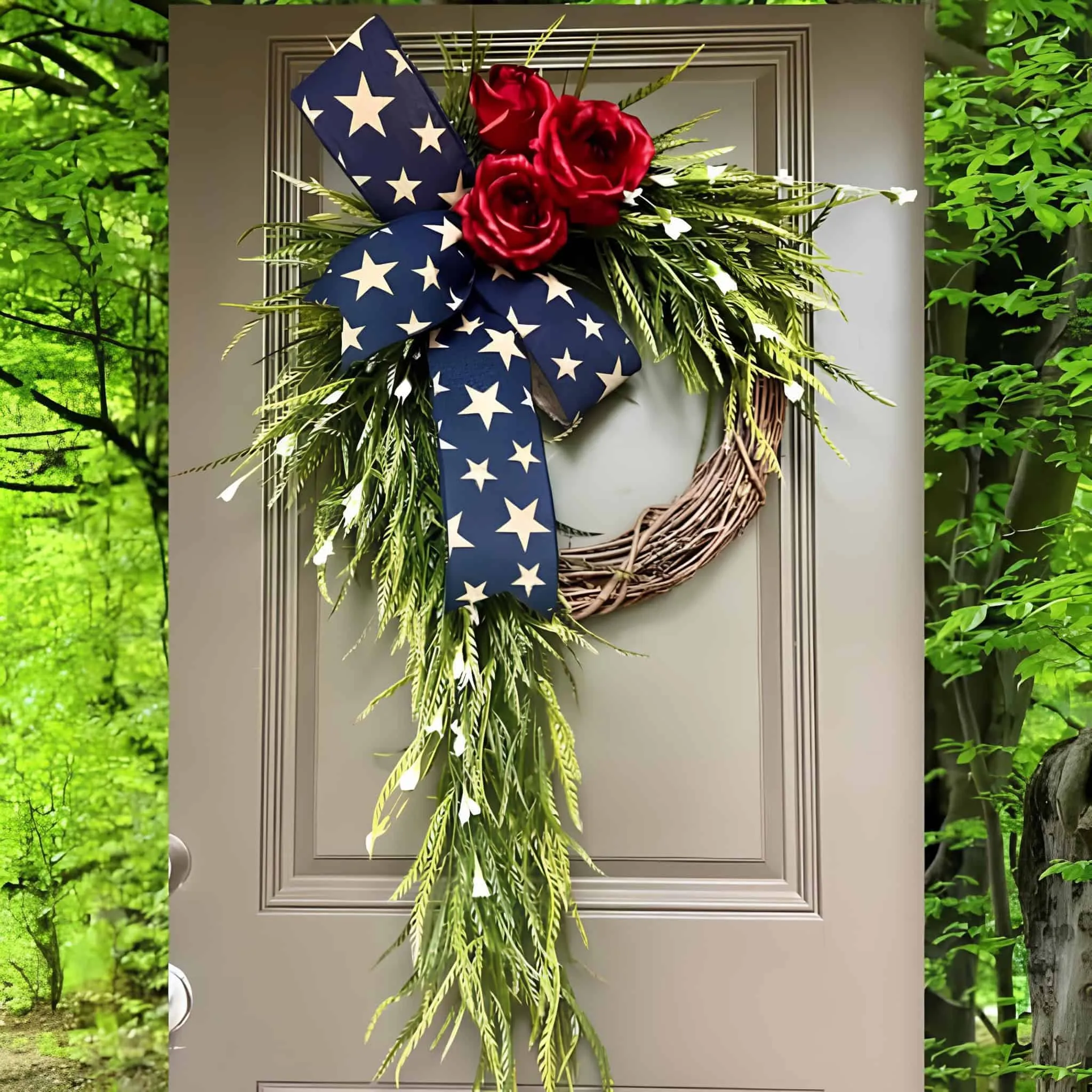 乡村葡萄藤花环，配有垂落绿色、深红玫瑰和悬挂丝带配白星