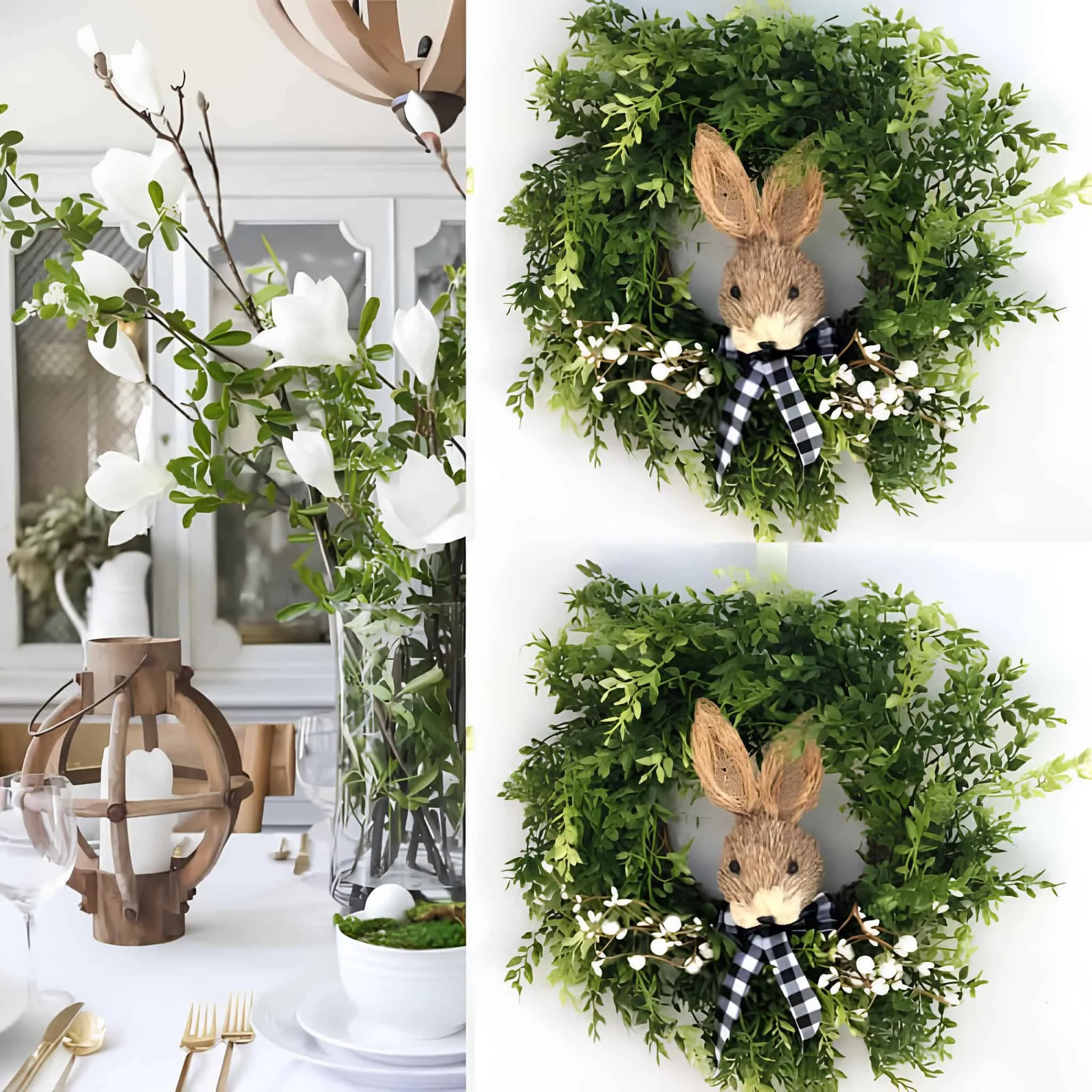 乡村门饰，配有兔子、格子丝带和绿叶
