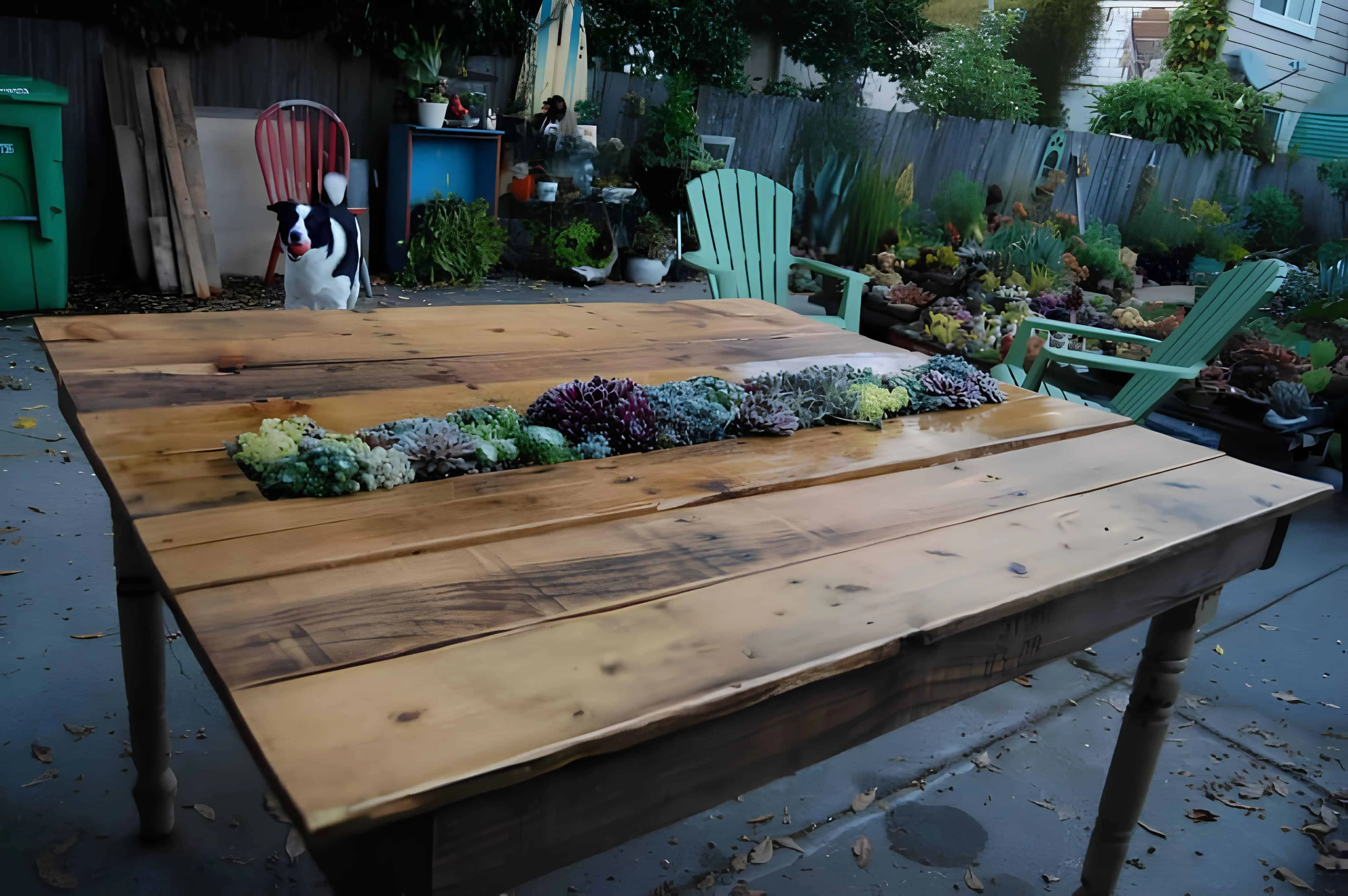 后院中心有仙人掌的木制托盘餐桌