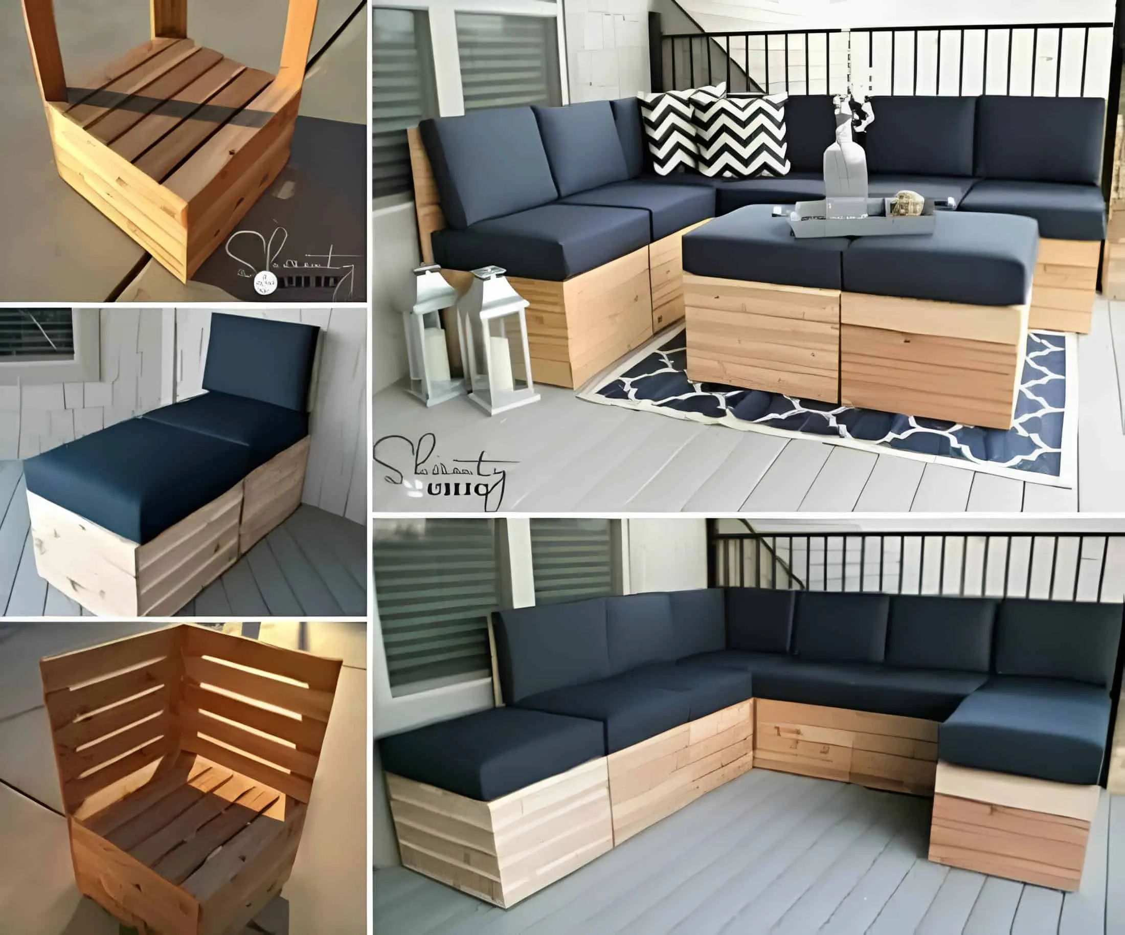 带有深色靠垫和天然木制托盘底座的模块化L形套装，在露台上