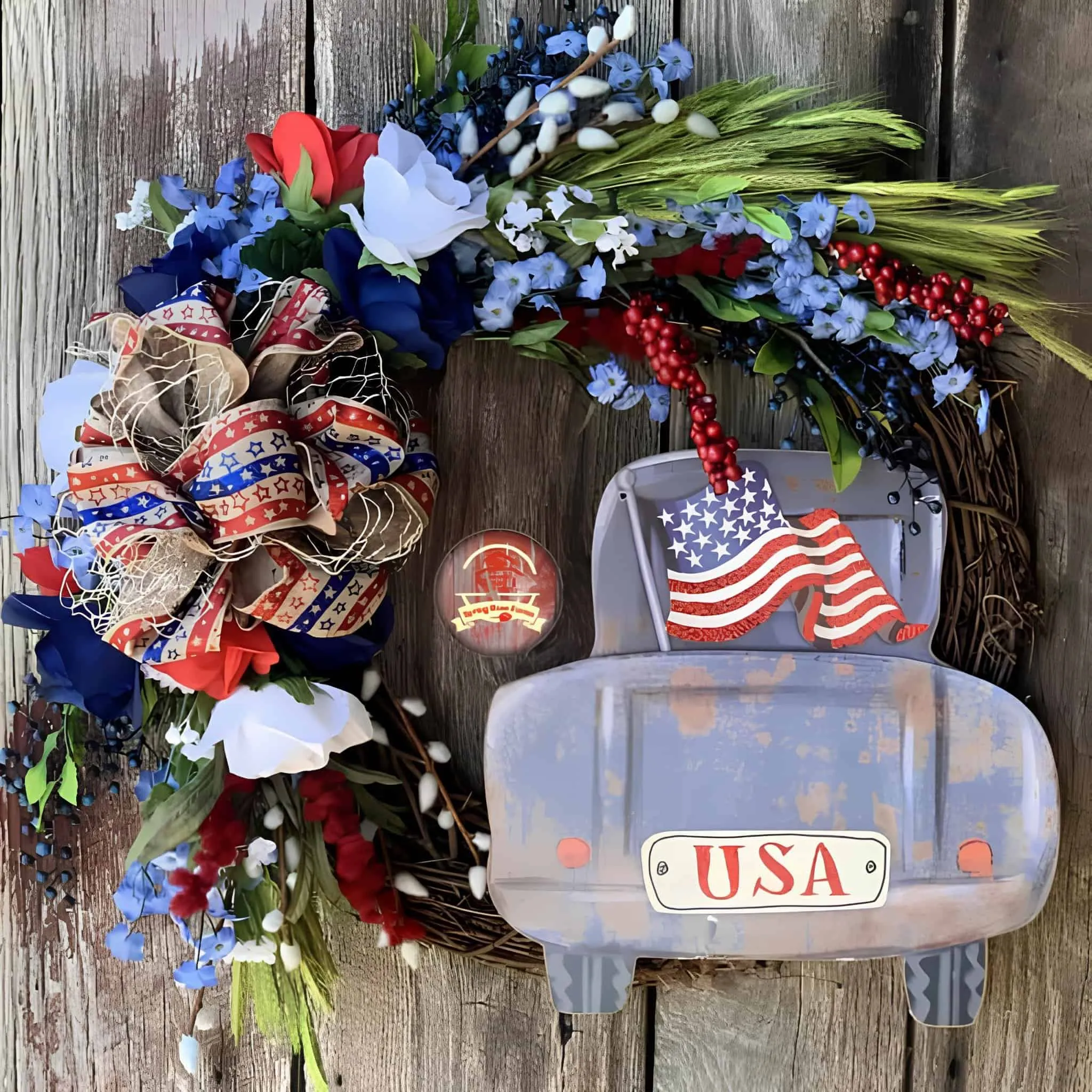乡村葡萄藤花环，配有老车和美国国旗