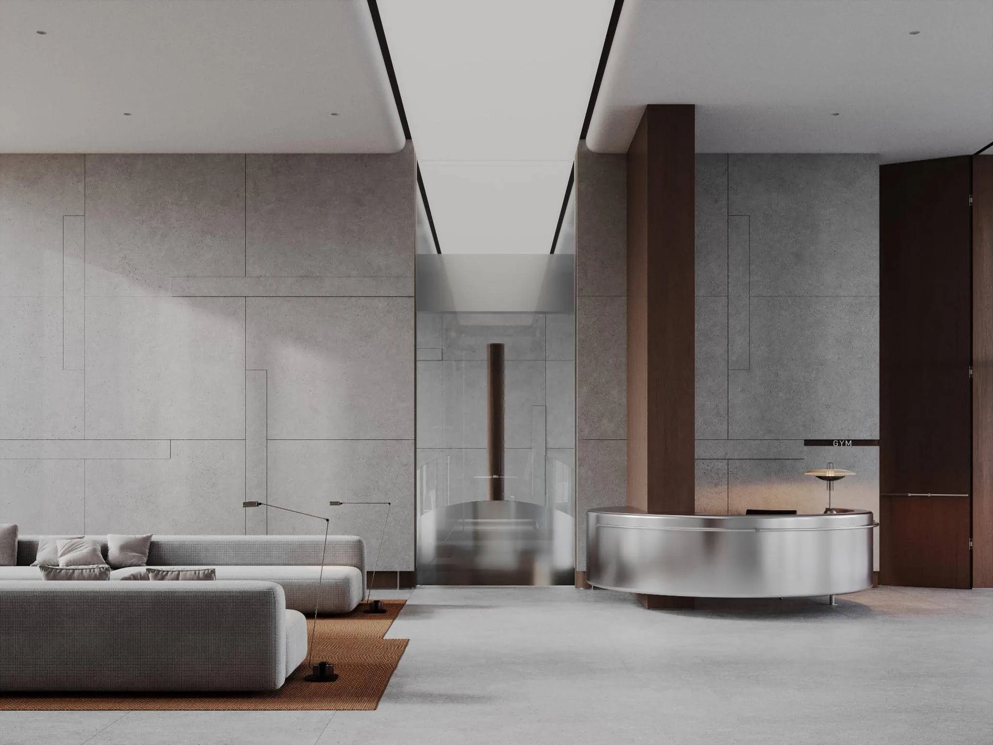 现代大堂配有优雅弯曲前台和对称休息区。