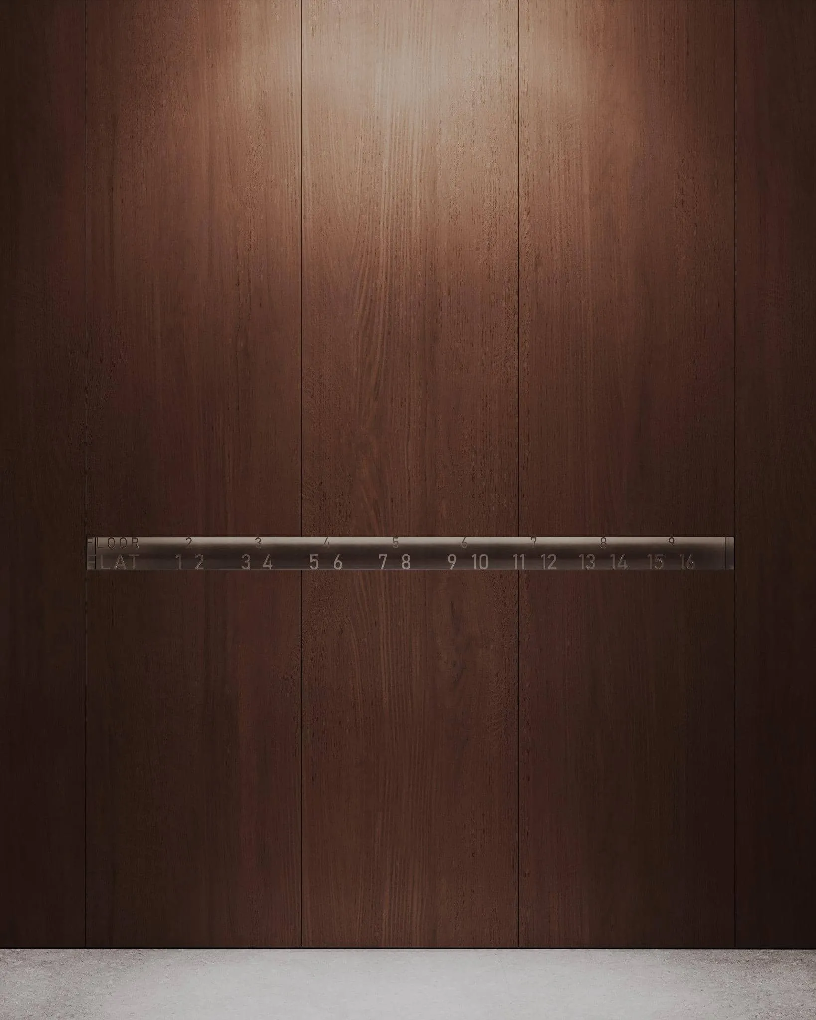 嵌入深色木质面板的优雅现代楼层指示牌。