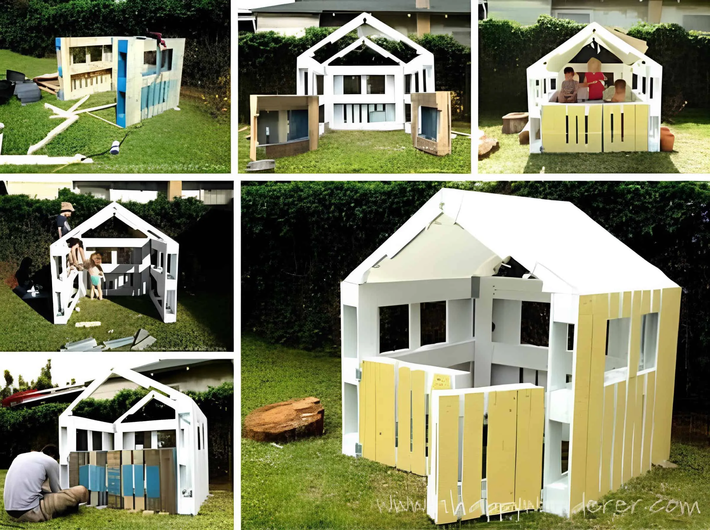 黄色和白色的涂色托盘儿童小屋建造过程