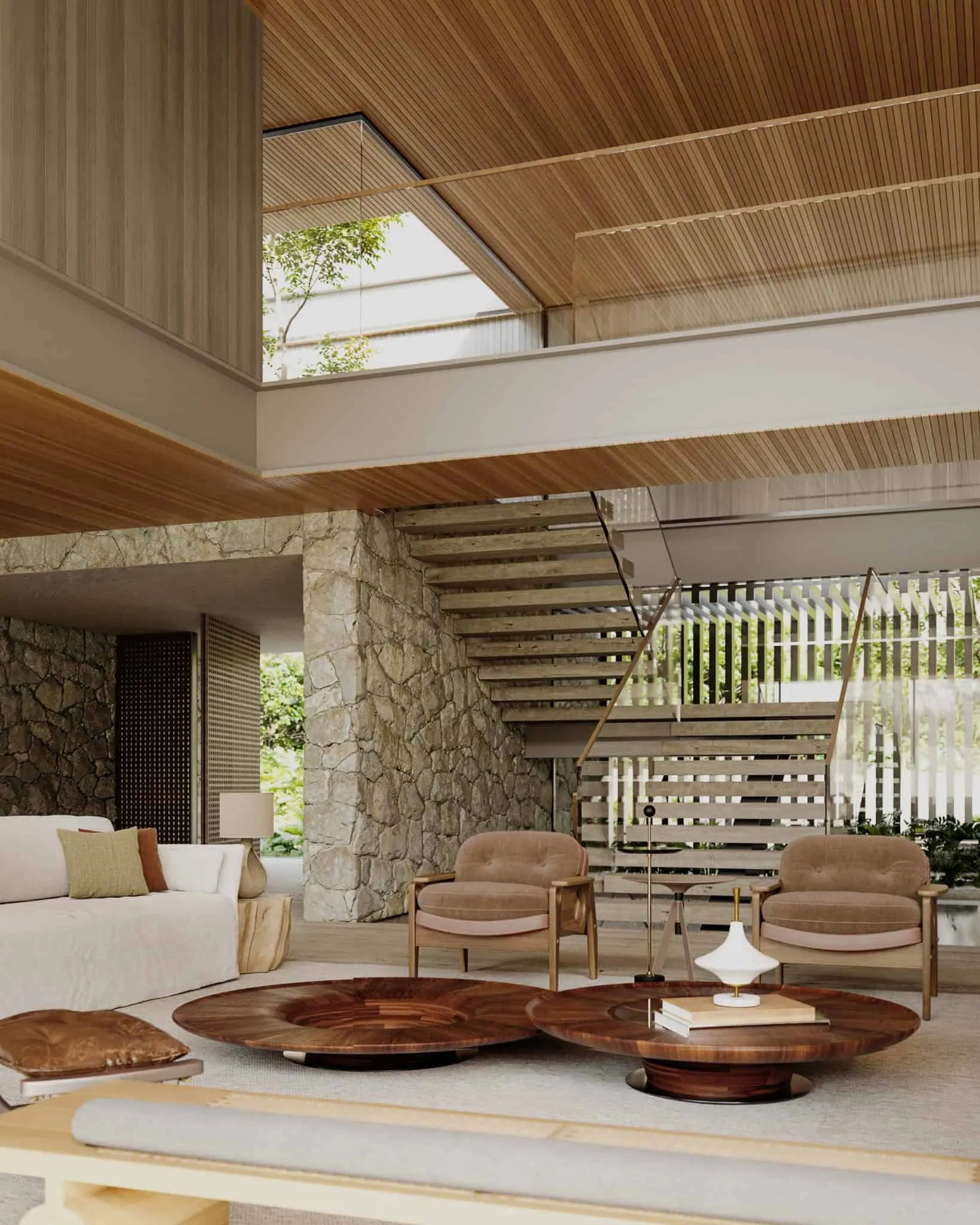 Stylish living room with natural stone walls and wooden ceiling.