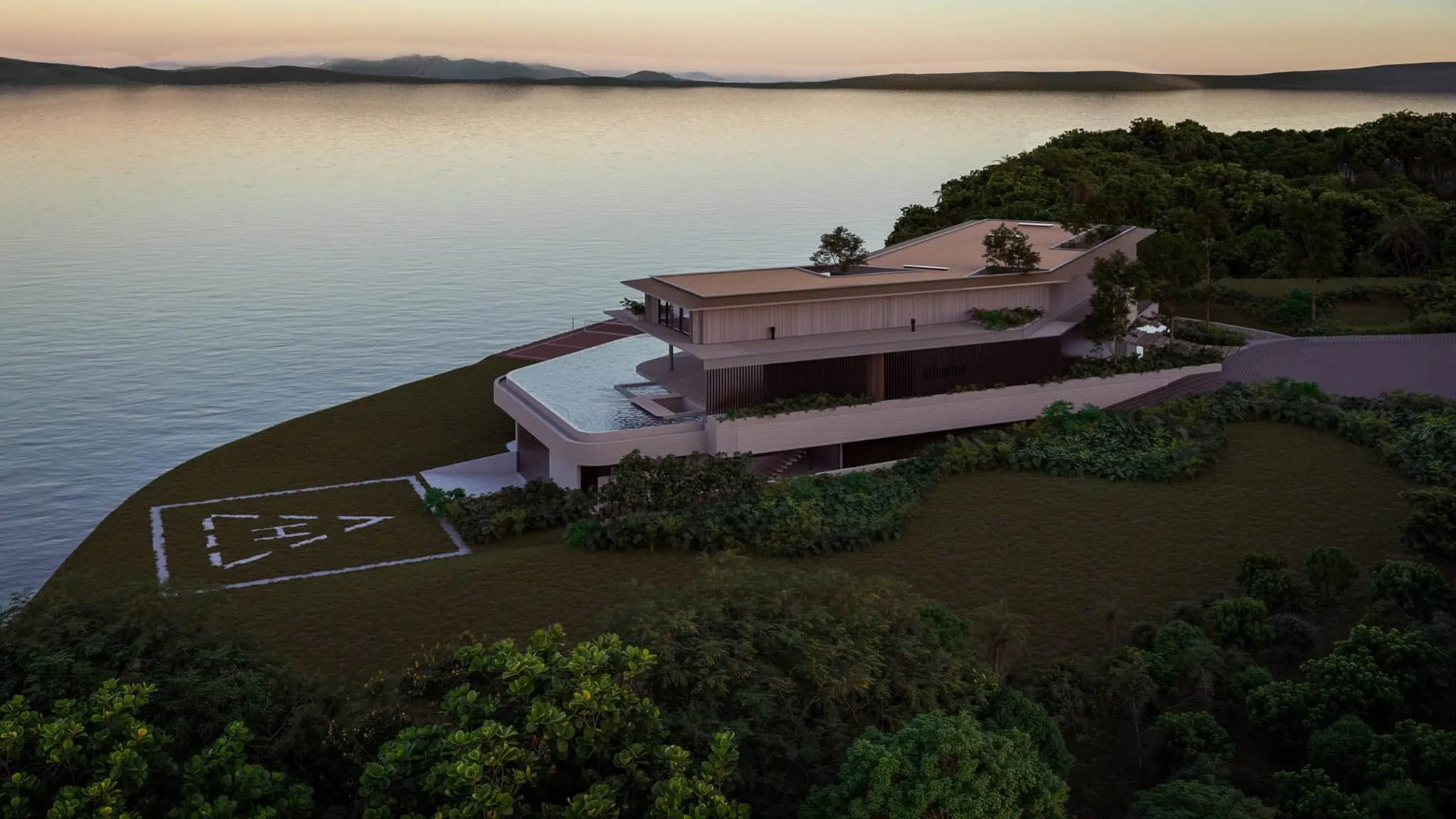Modern house on a cliff with helipad and panoramic ocean view.