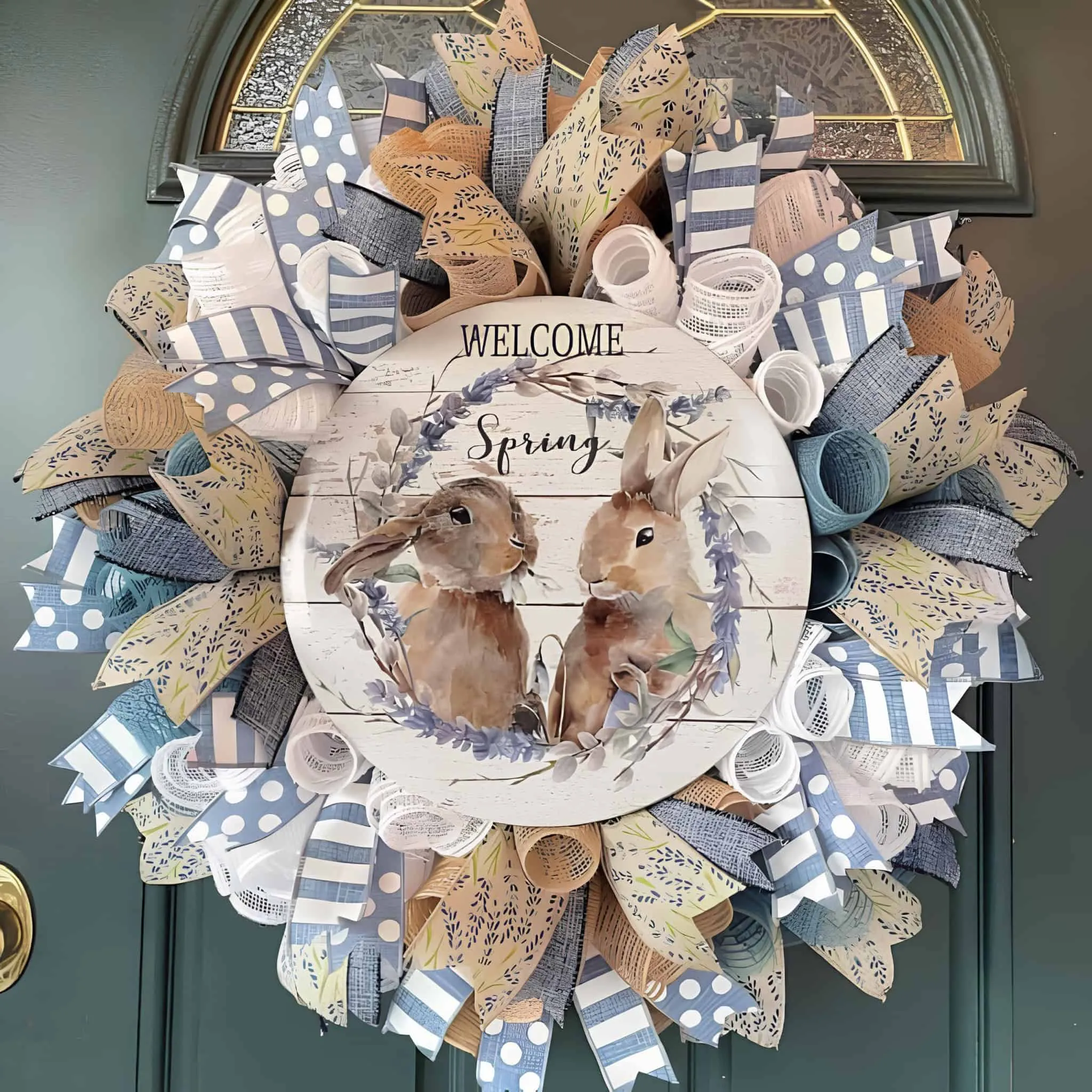 配有春天欢迎图案、蓝色和黄色网状丝带以及花卉点缀的门饰