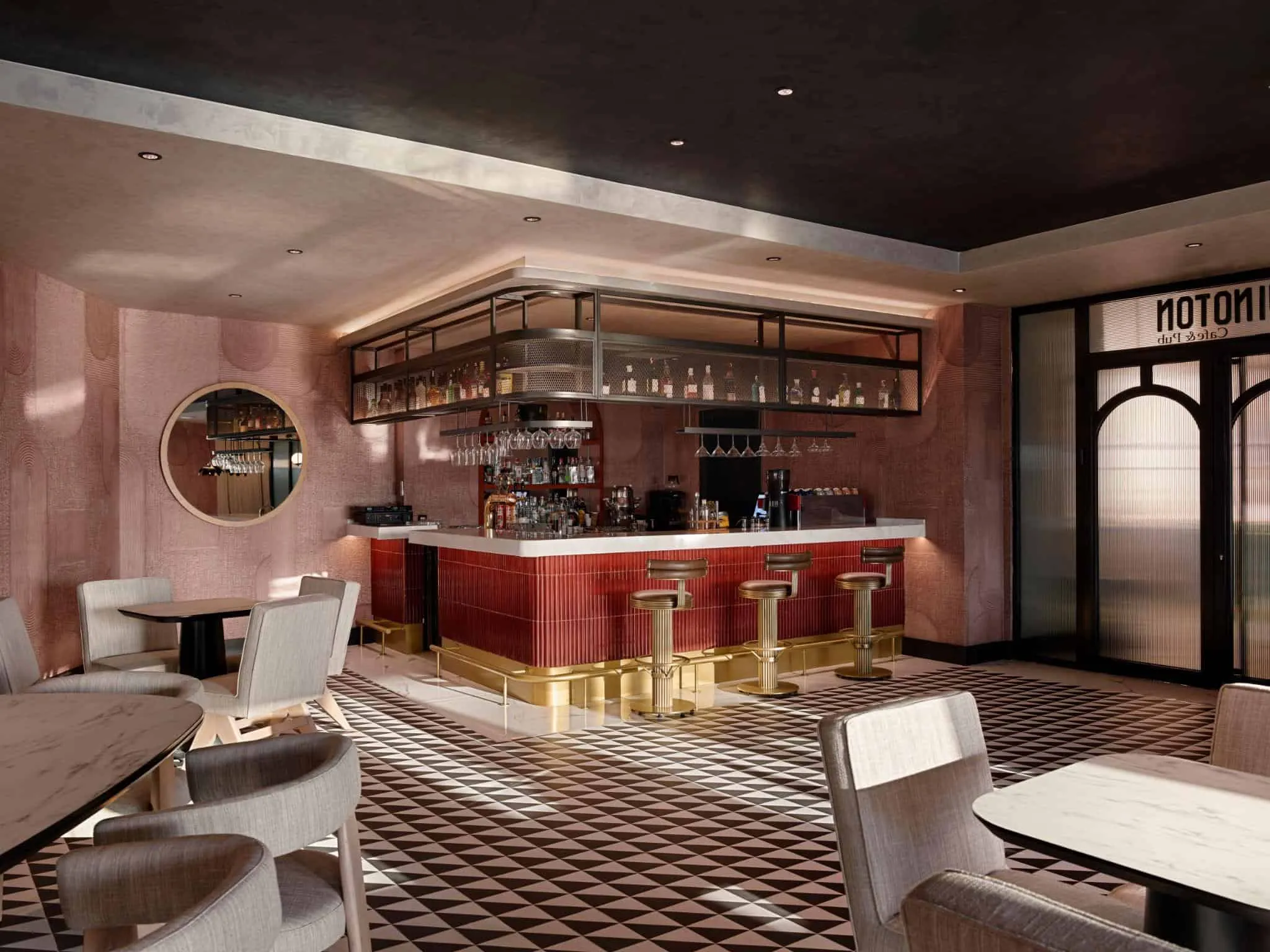 库萨达斯奢华世界酒店酒吧设计 时尚酒店酒吧配红砖外墙装饰、金色点缀与几何地板