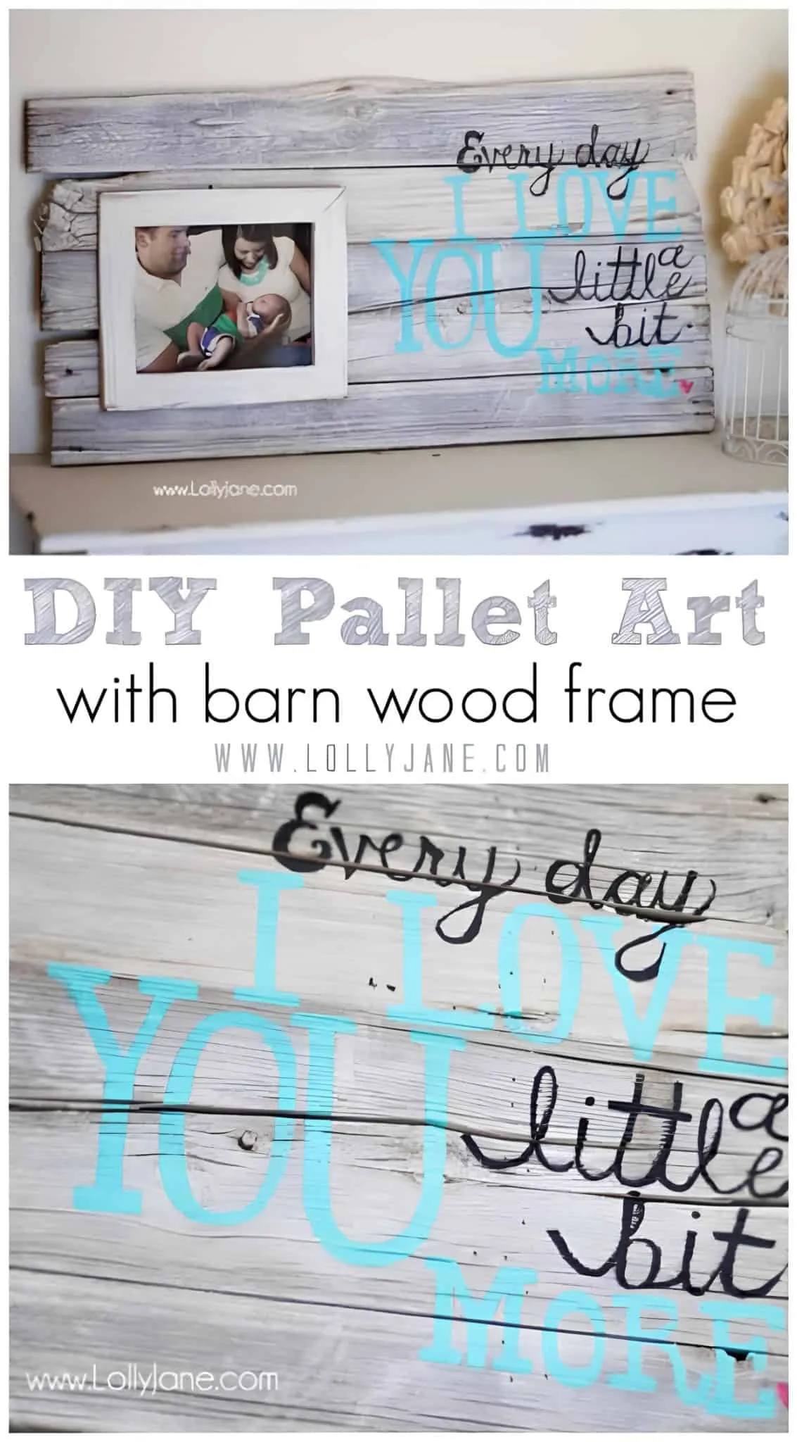 带有'每天我更爱你一点'引用的木制框架，附有家庭照片