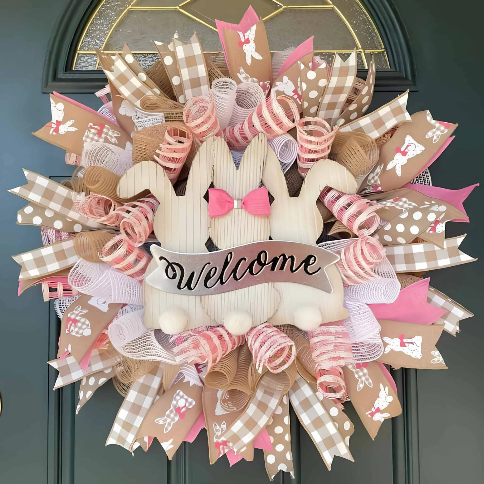 中性复活节门饰，配有木制兔子轮廓、米色和粉色丝带及欢迎标志