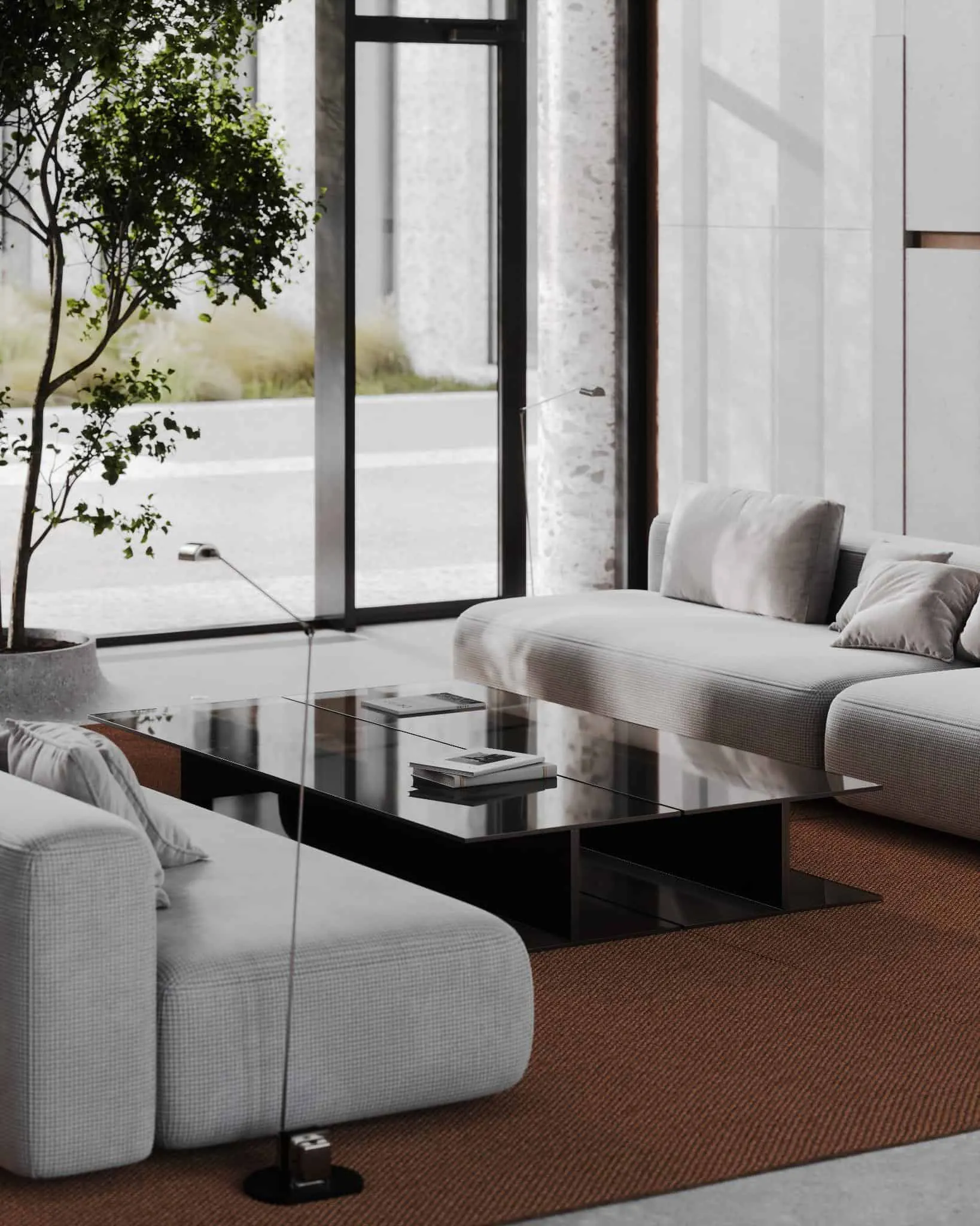 明亮大堂配有玻璃桌和蓬松沙发，四周设有高窗。