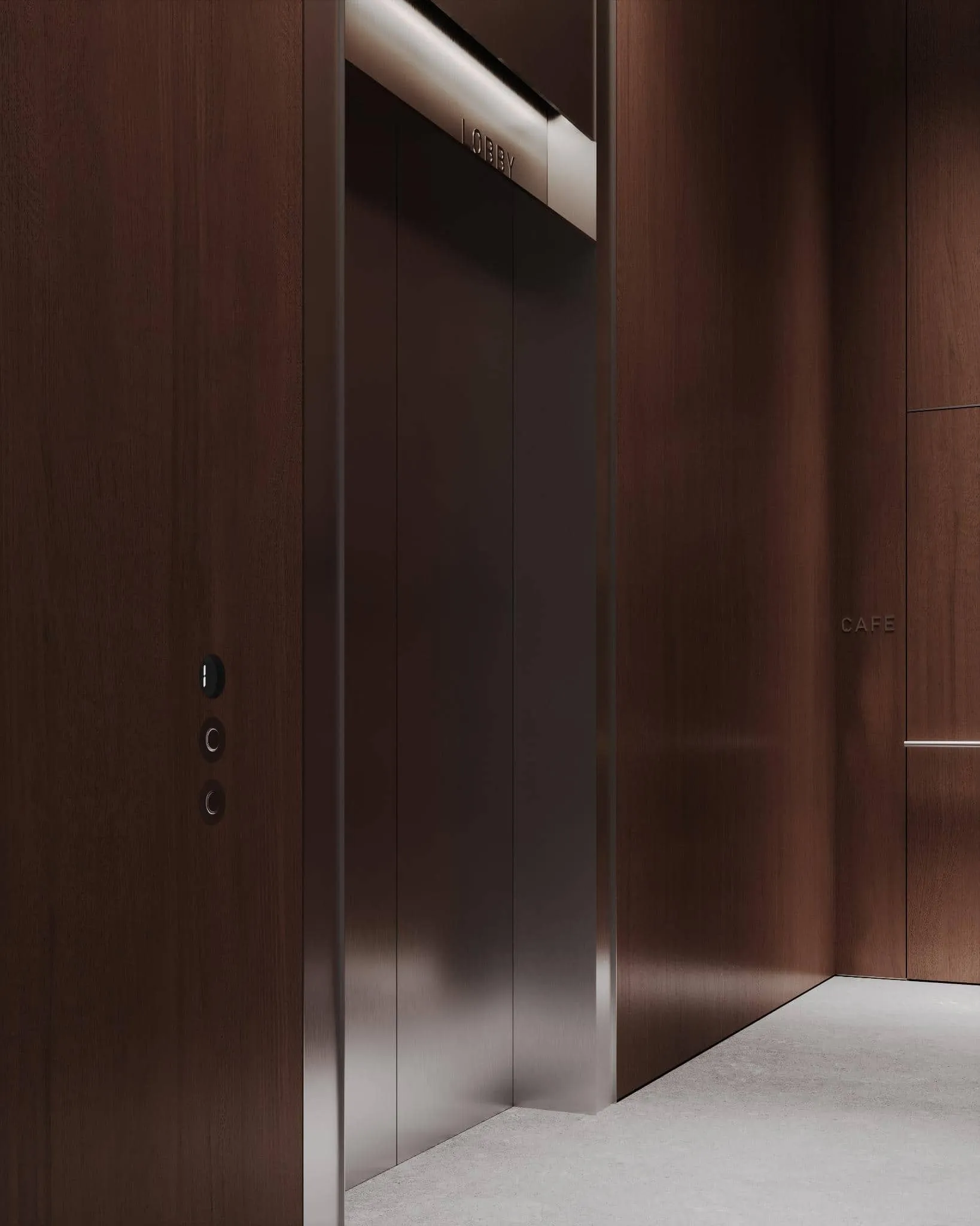 木质建筑与标识的电梯角落视图。