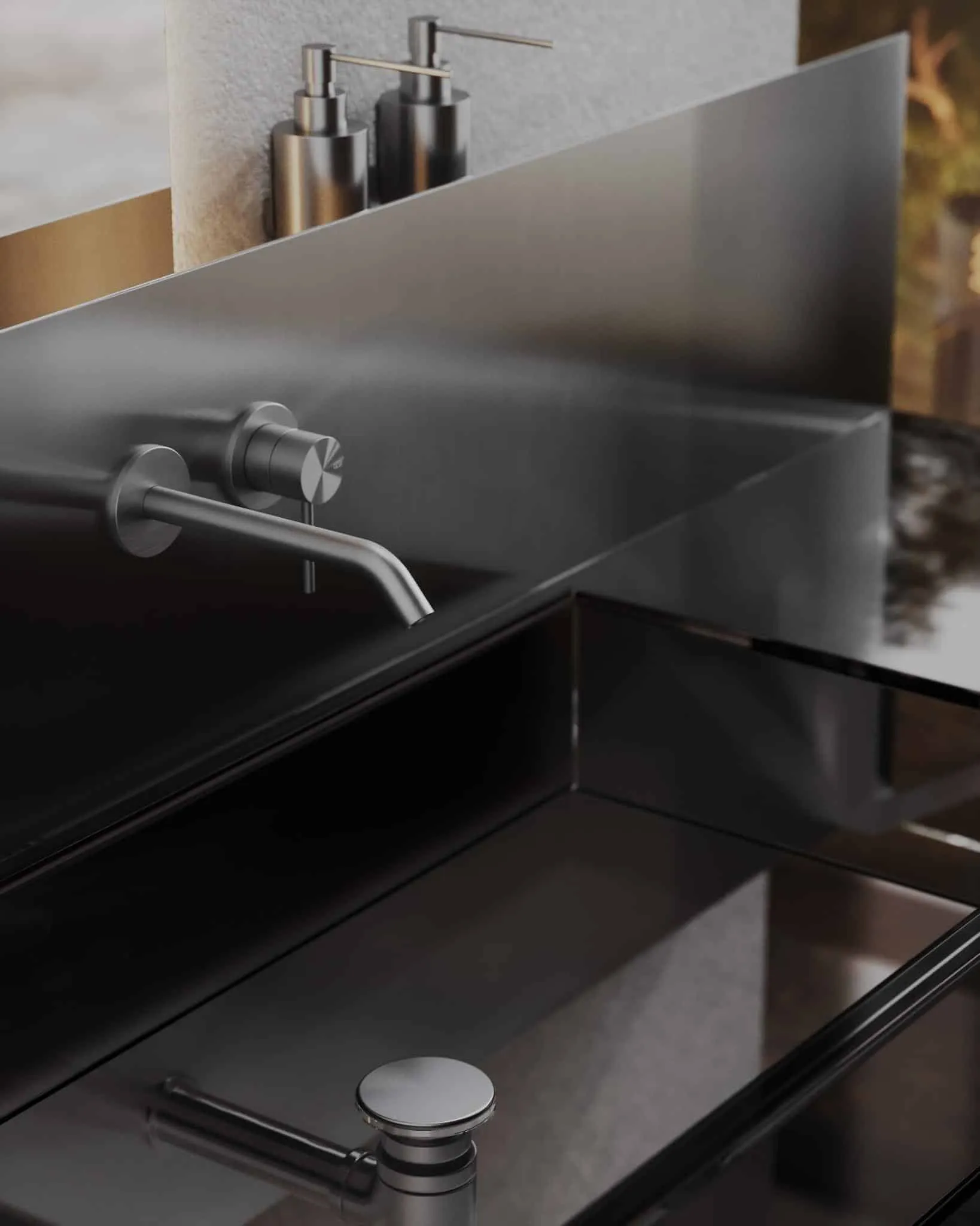 现代不锈钢洗手池与墙面水龙头和分配器的细节。