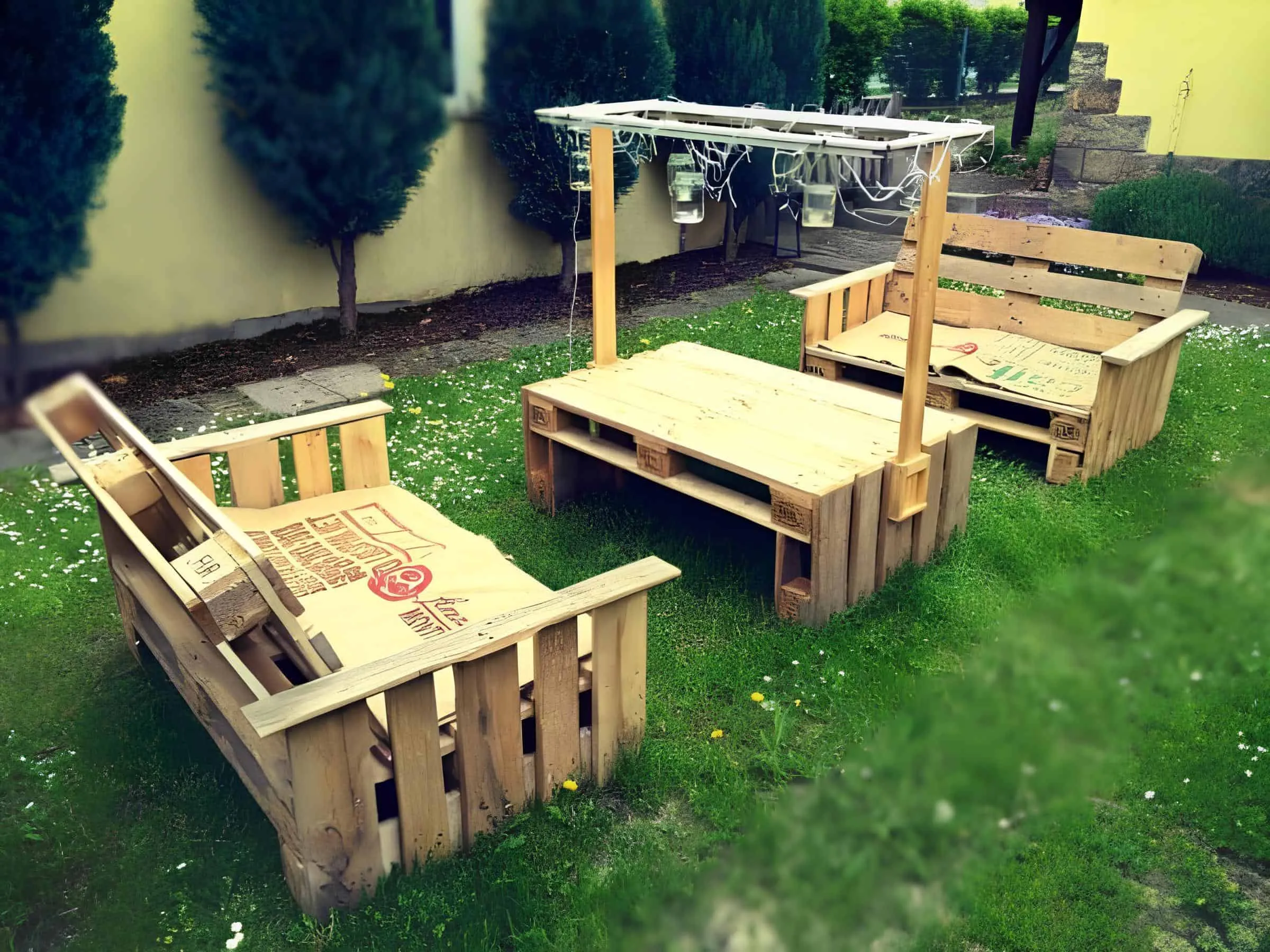 带回收咖啡袋的托盘椅子和桌子，配有轻便遮阳棚