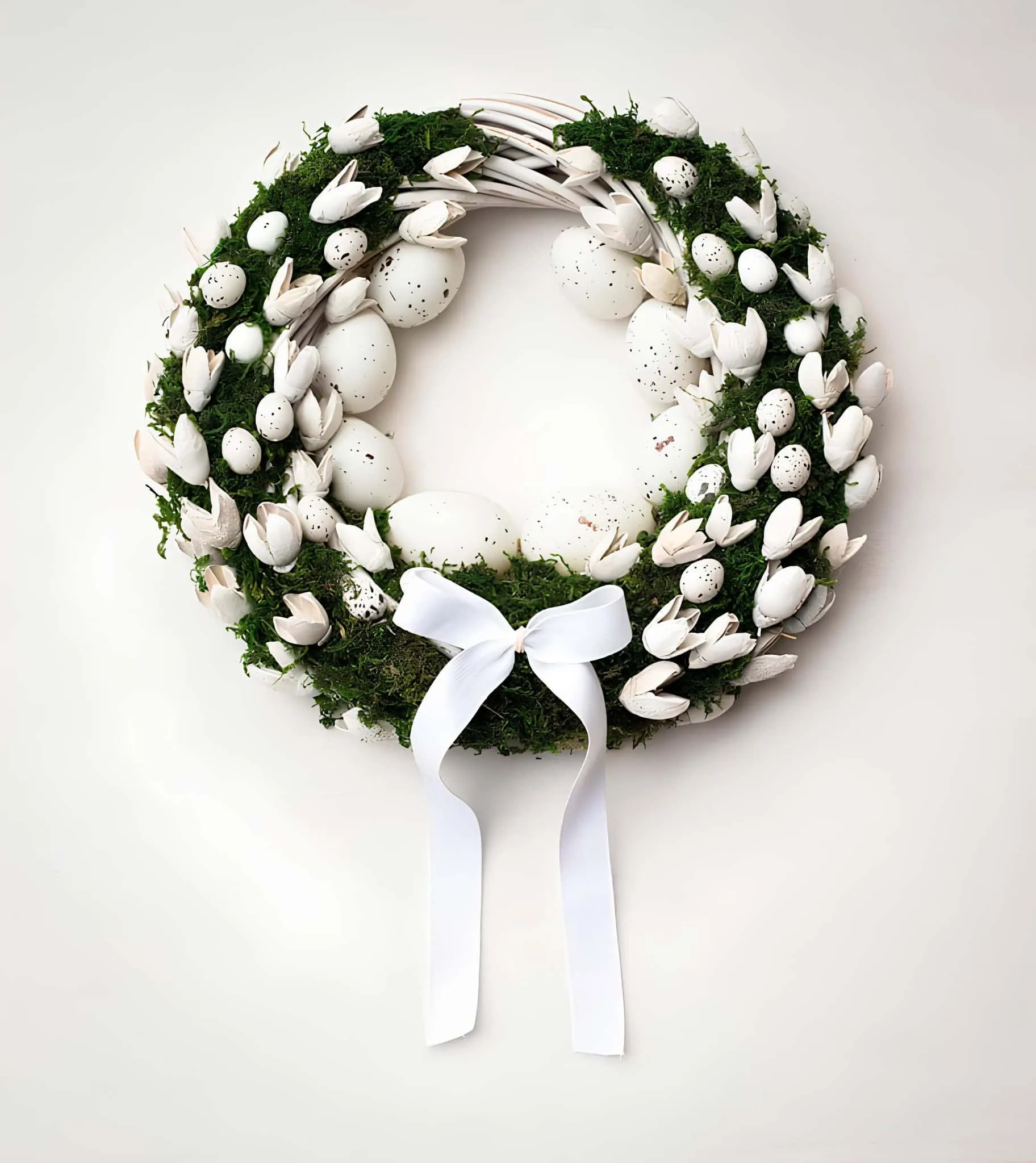 极简复活节门饰，配有白色郁金香、苔藓和鸡蛋
