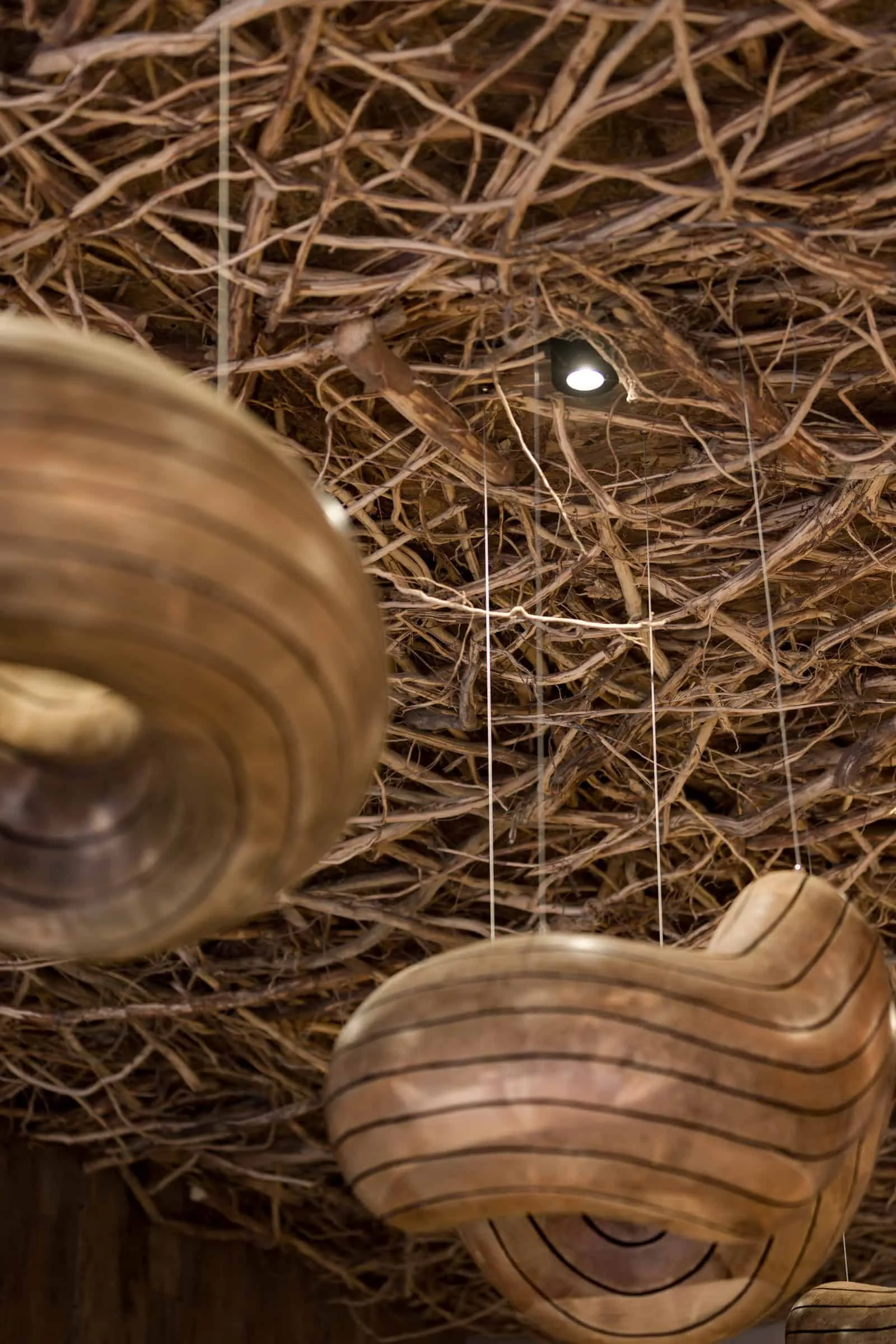 自然树枝天花板，内置灯具和木质吊灯