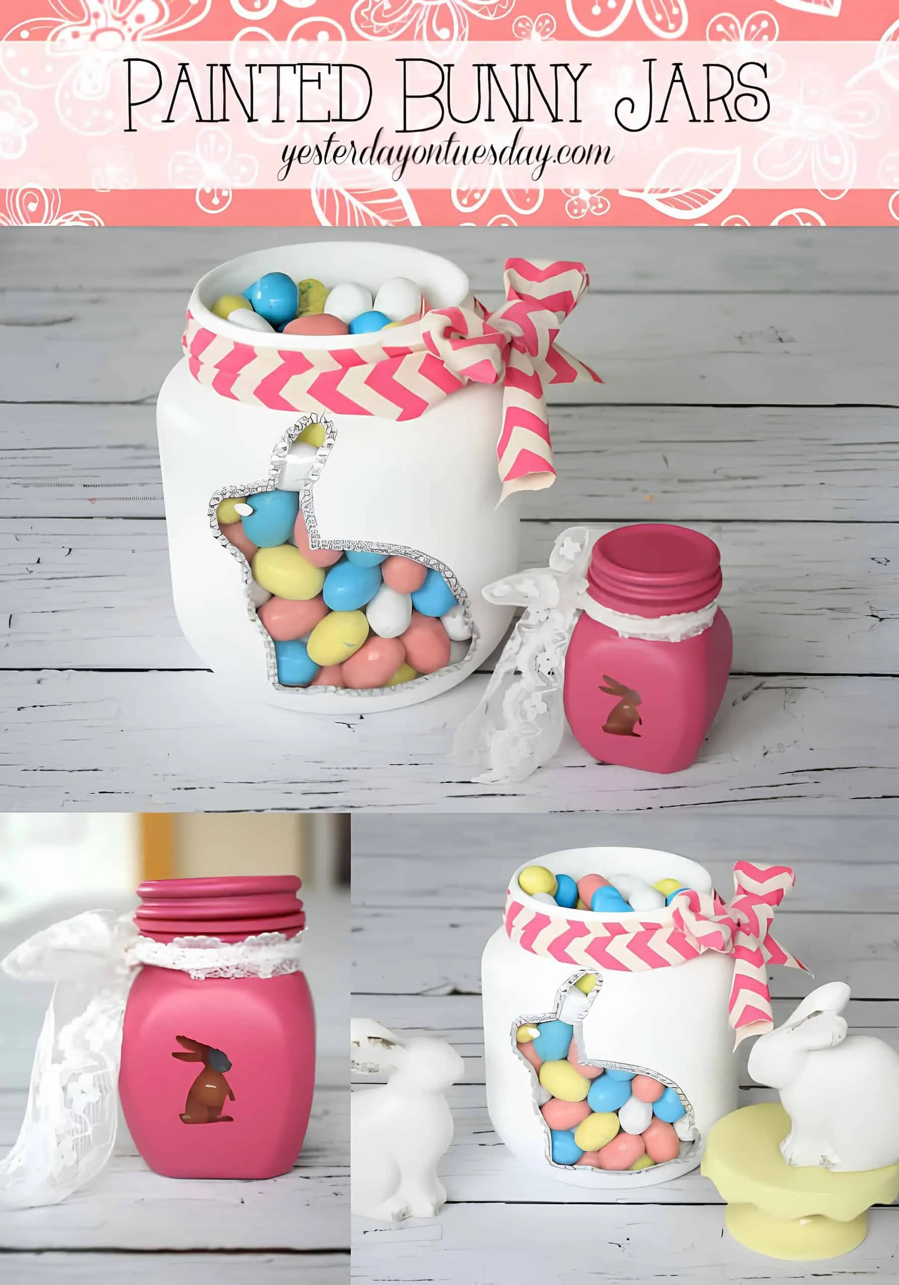 手工粉彩色复活节 Mason 罐子，剪出兔子并装有彩色糖果，装饰丝带和花边