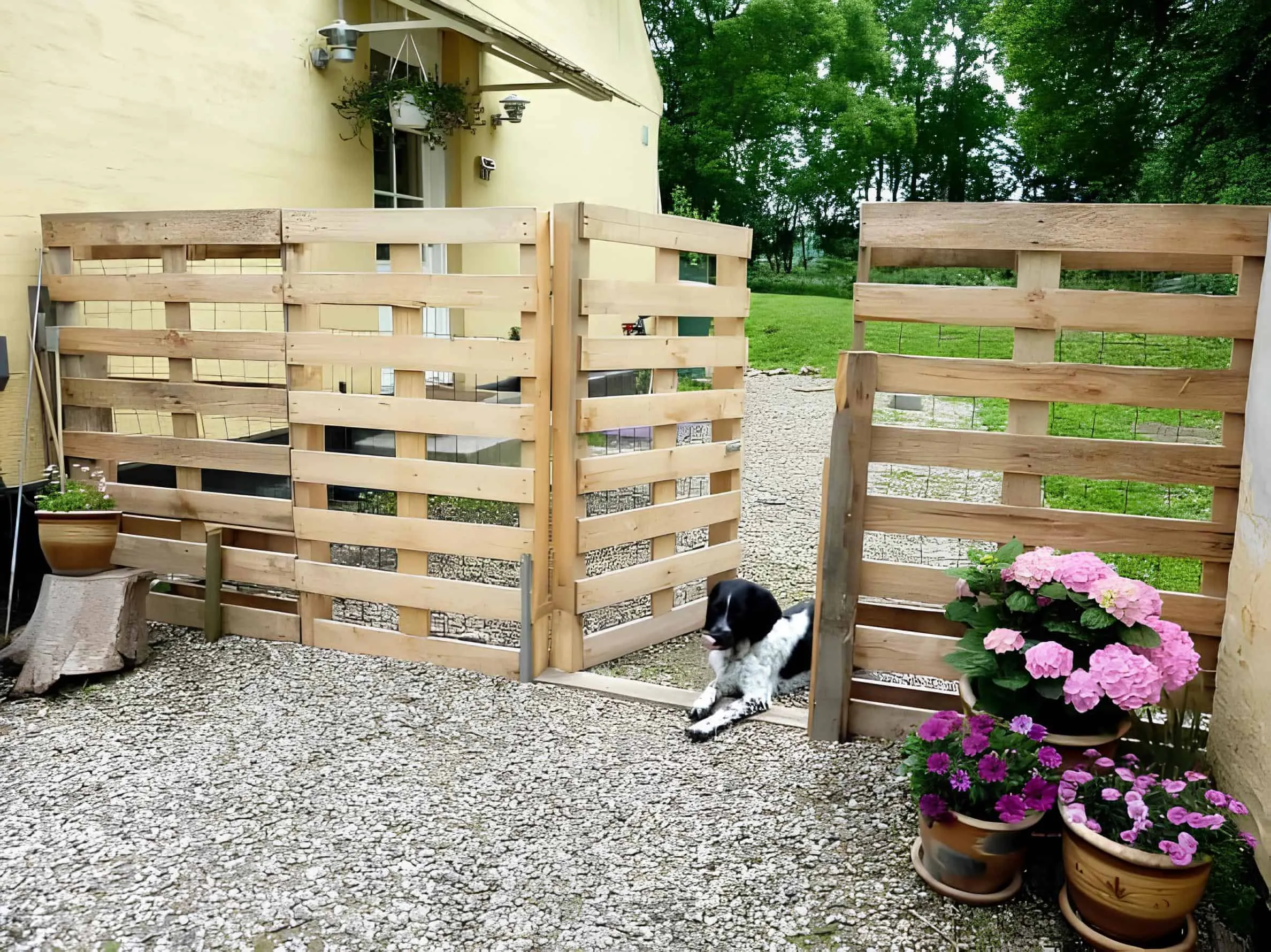 自然木制围墙，配有门和狗在休息