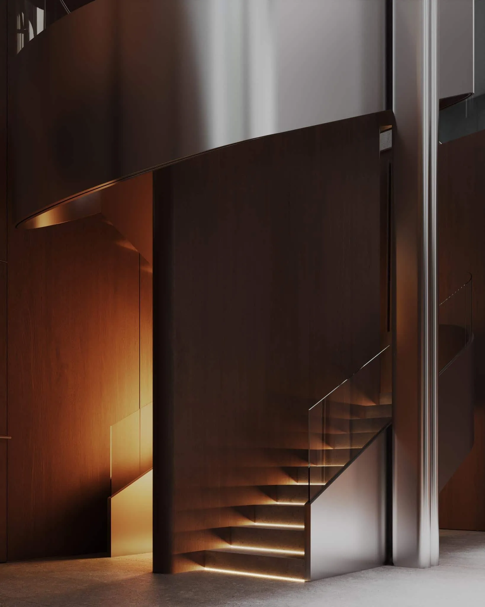 楼梯细节，配有木质台阶和内置照明，被金属扶手包围。