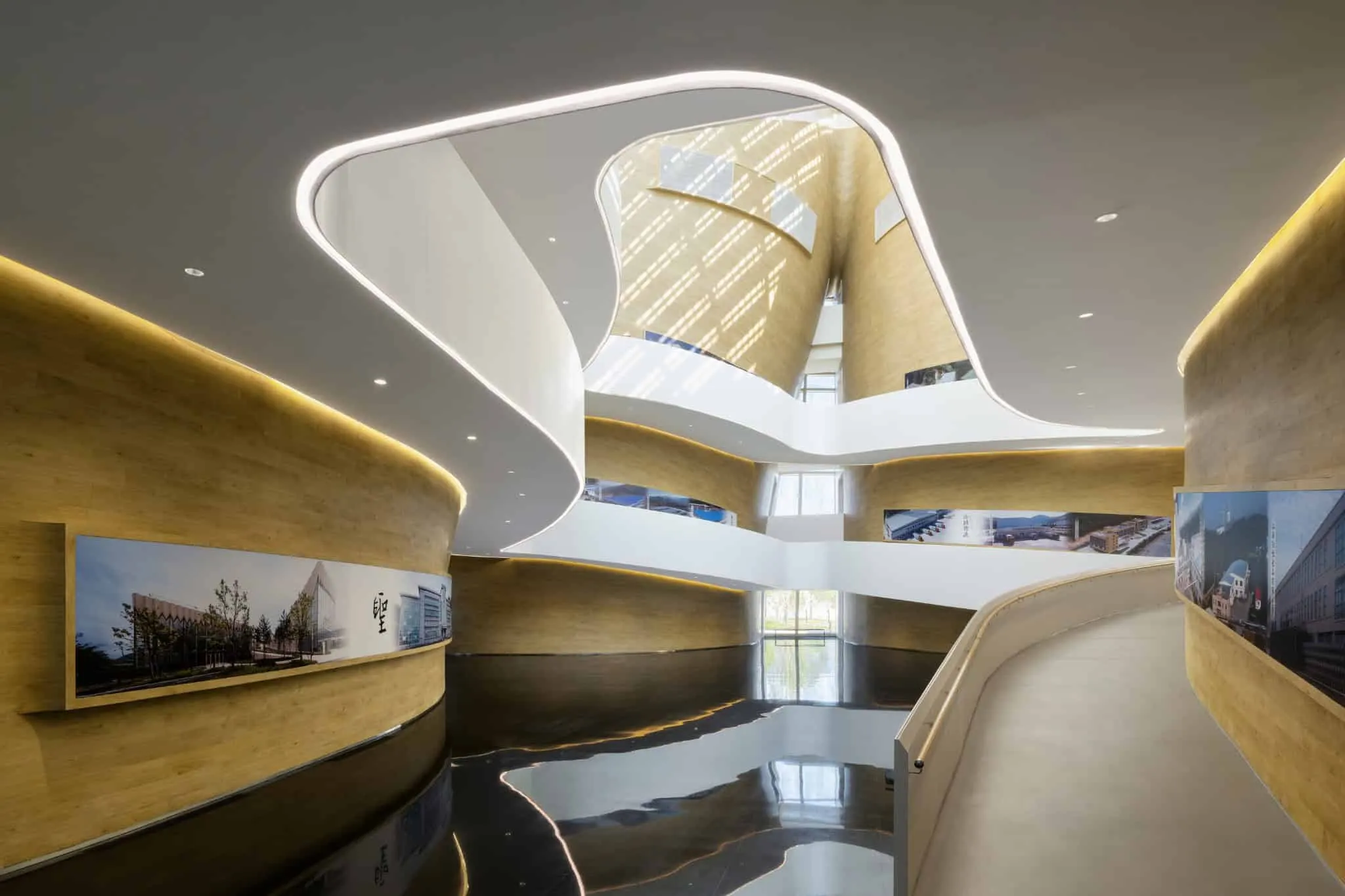 View of Sunner Museum atrium View of Sunner Museum atrium with gallery staircase and wooden walls