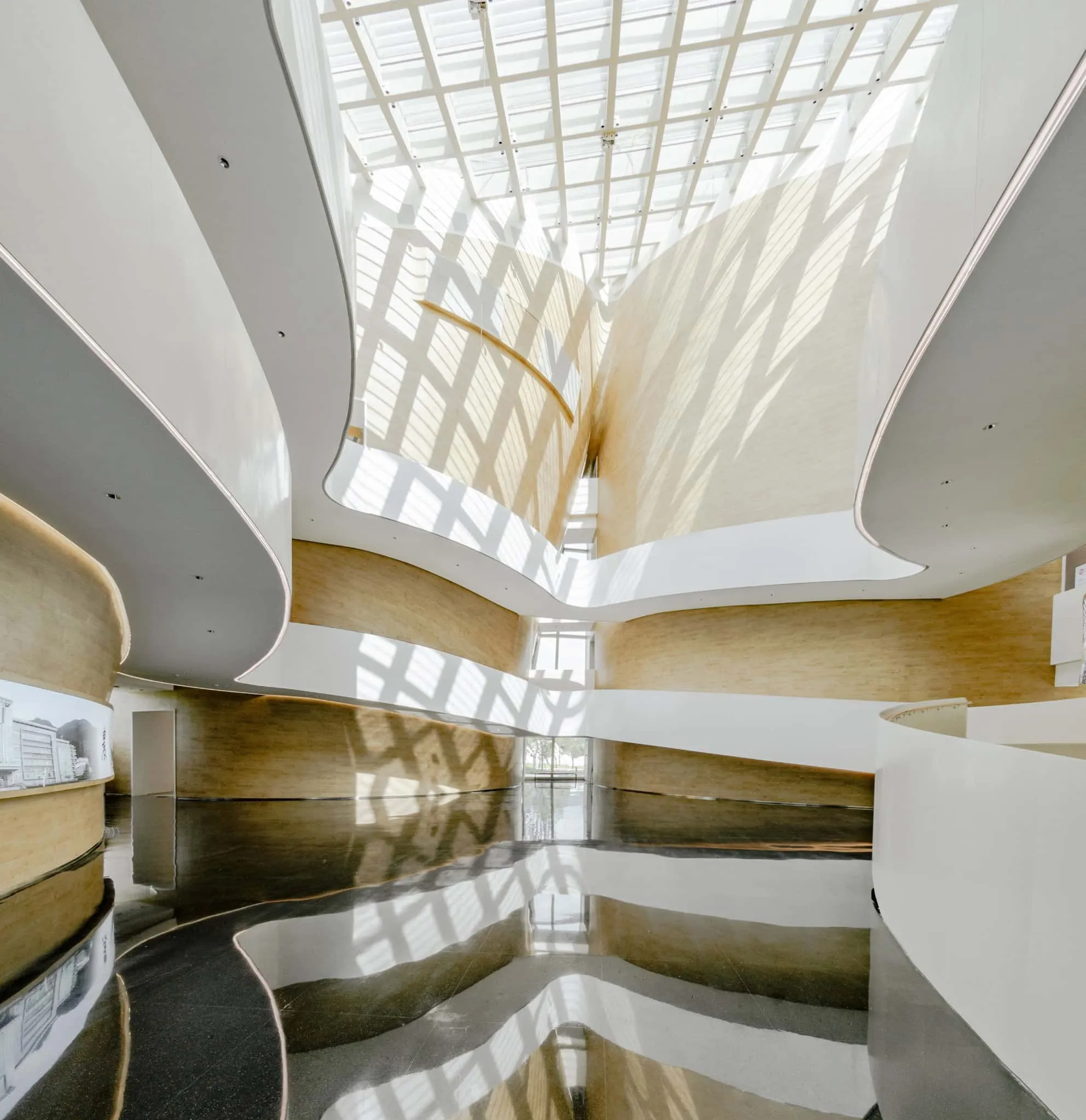 Sky view of Sunner Museum atrium Natural light entering Sunner Museum atrium through its sky