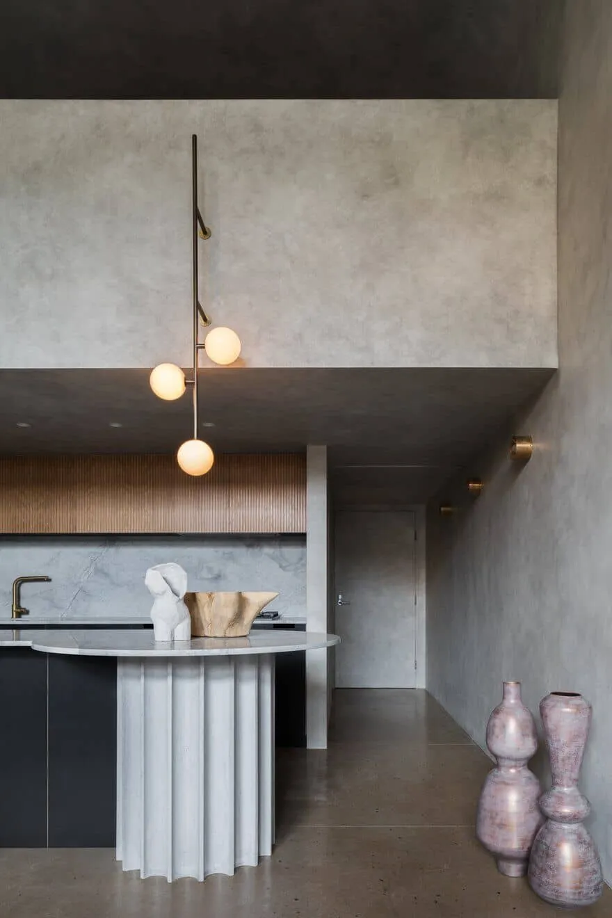 Brutalist Kitchen by Killing Matt Woods with sculptural marble countertop