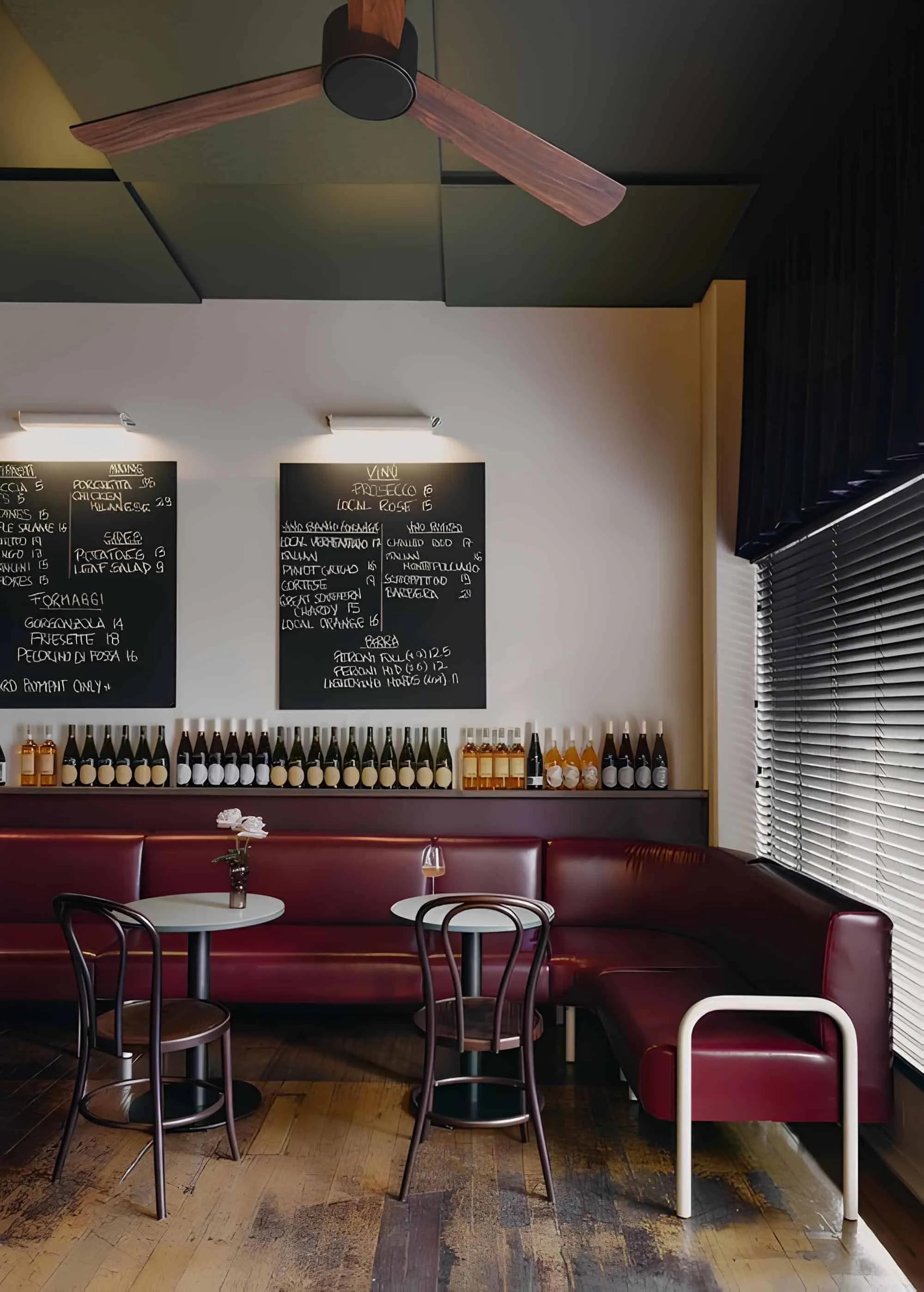 Red leather corner bar stool with wine menu at Vin Populi Next Door