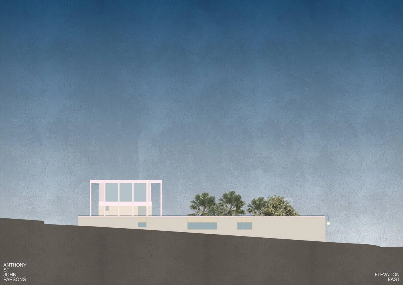 Architectural east facade with pavilion roof and palms in Newcastle