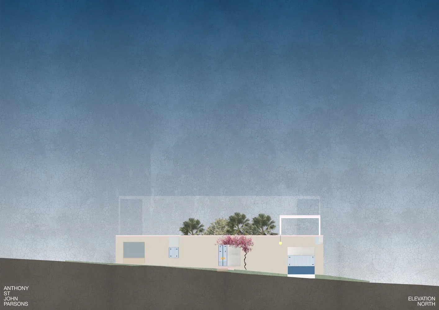 Architectural north facade with entrance, window openings and trees in Newcastle