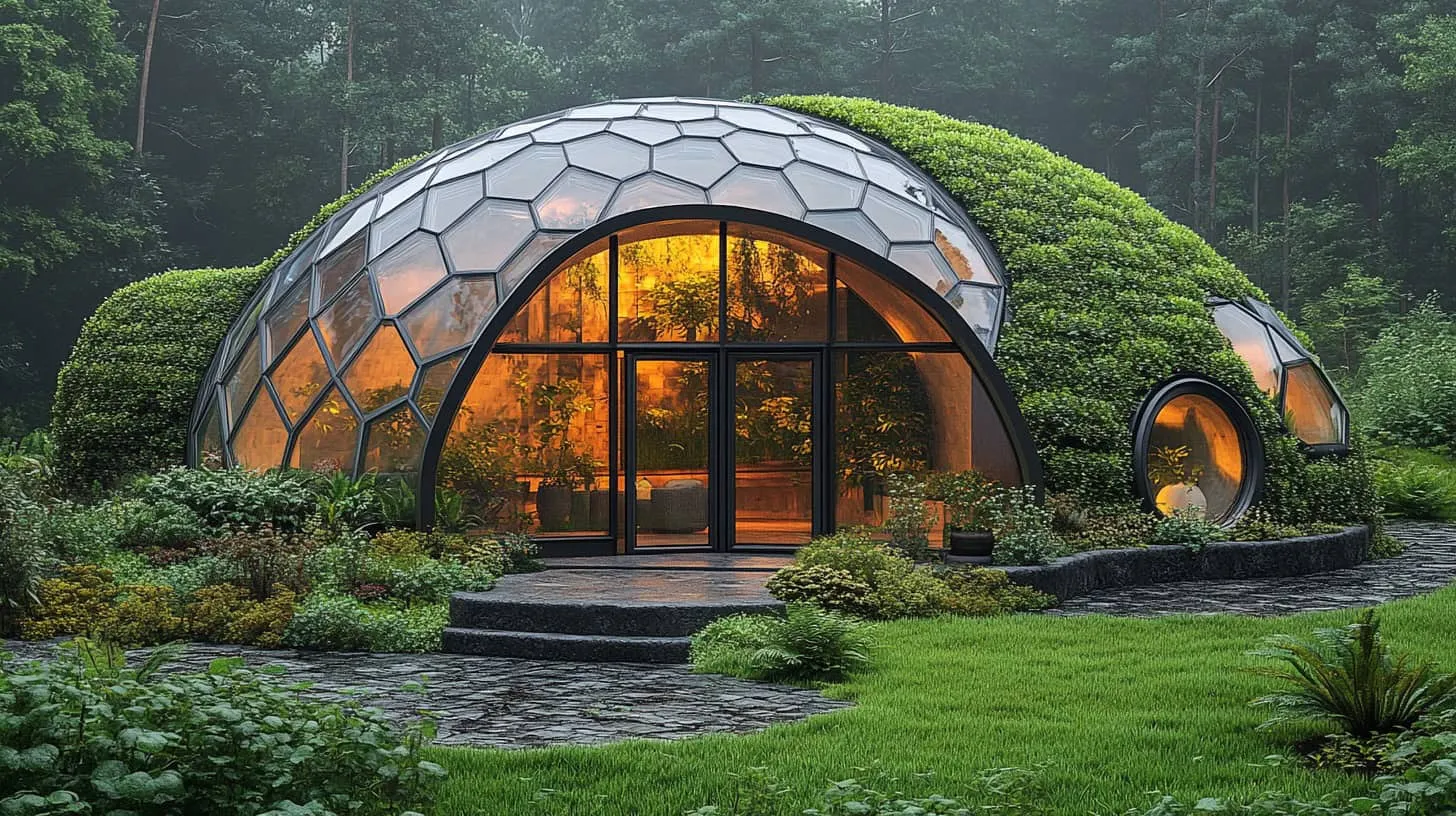 Green geodesic house with a dome, glass panels and living roof, surrounded by forest
