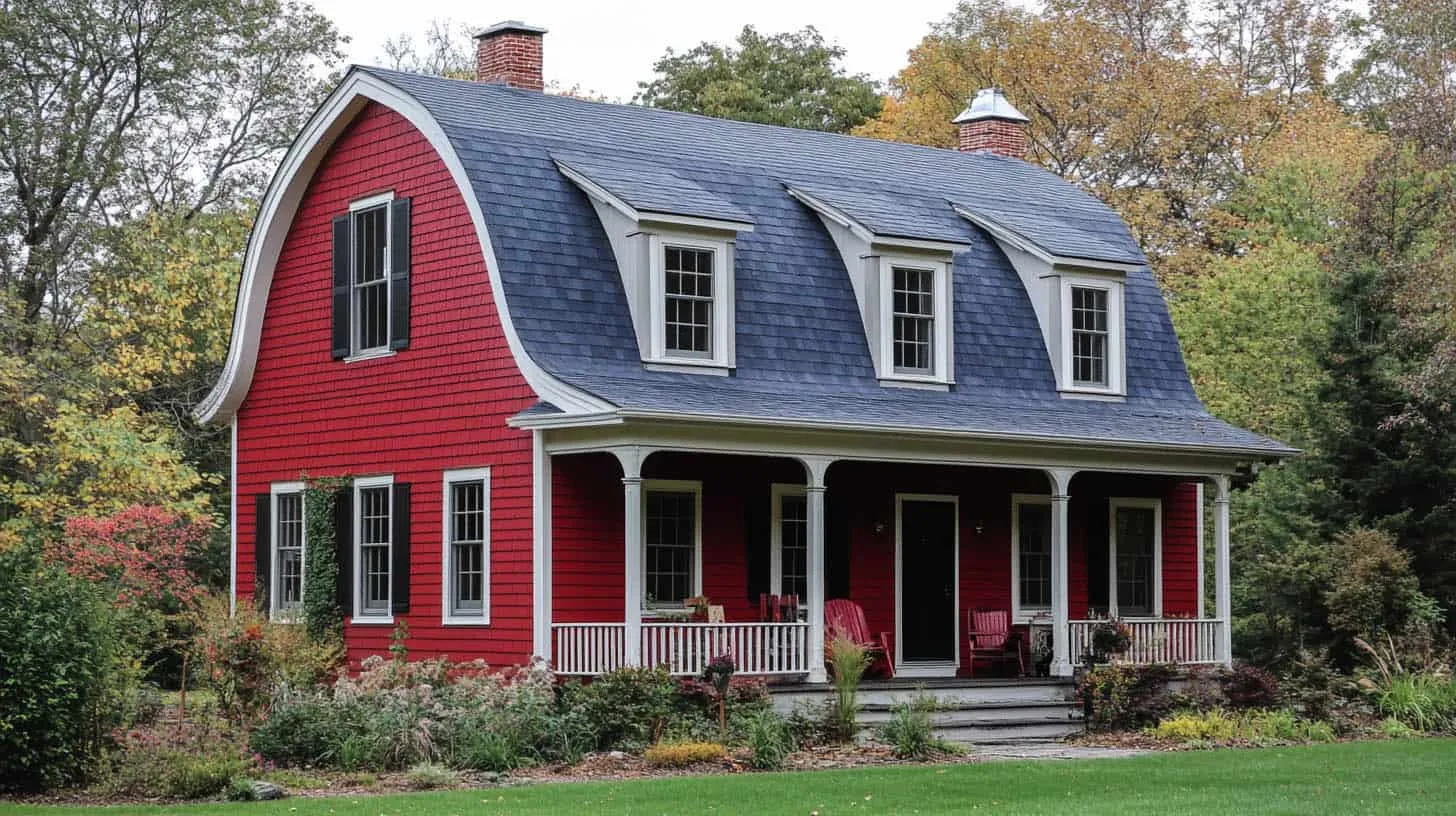 Red house with a gambrel roof, white trim and covered front porch