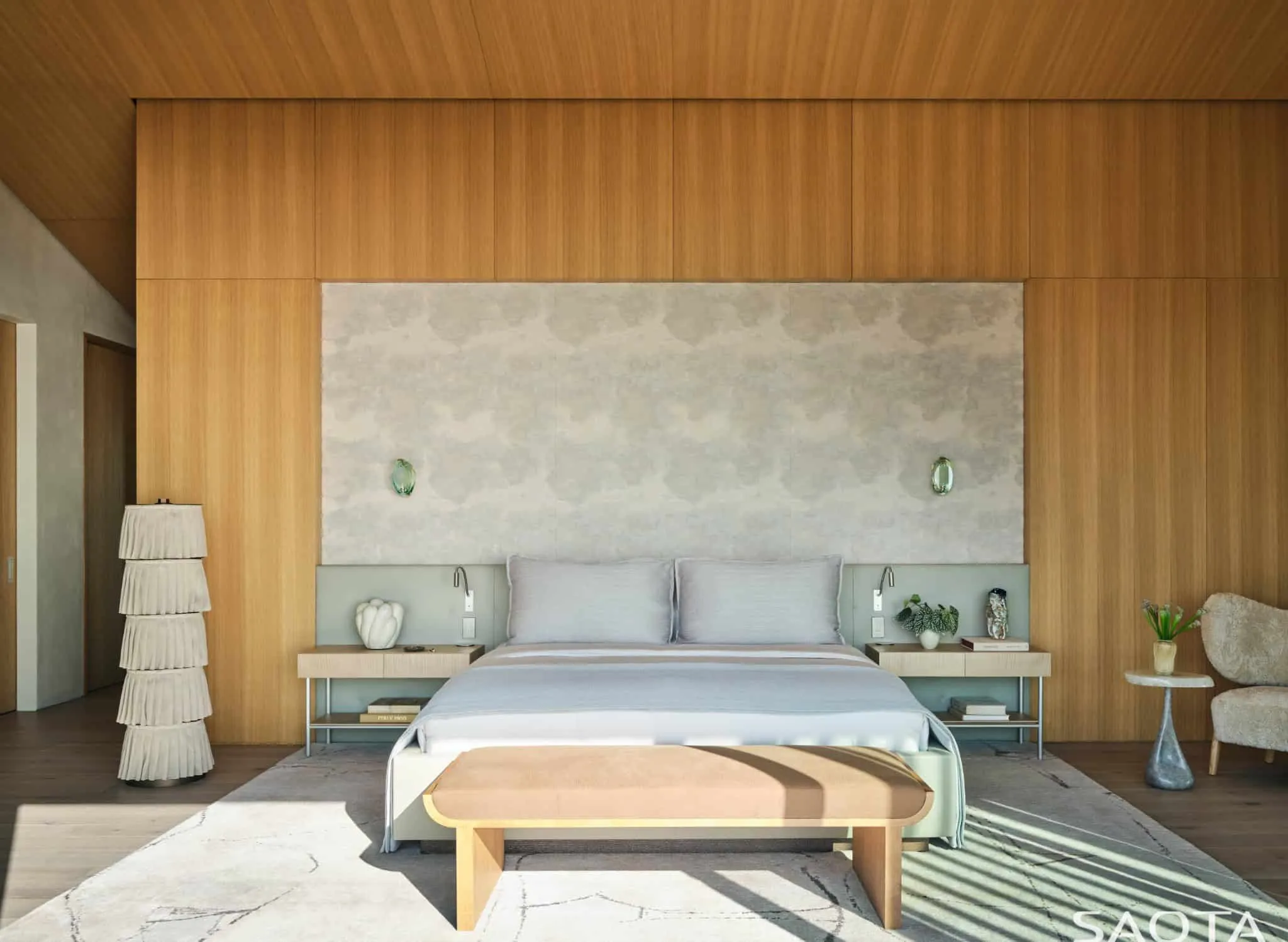 优雅的卧室内饰，配有木板和中性色调