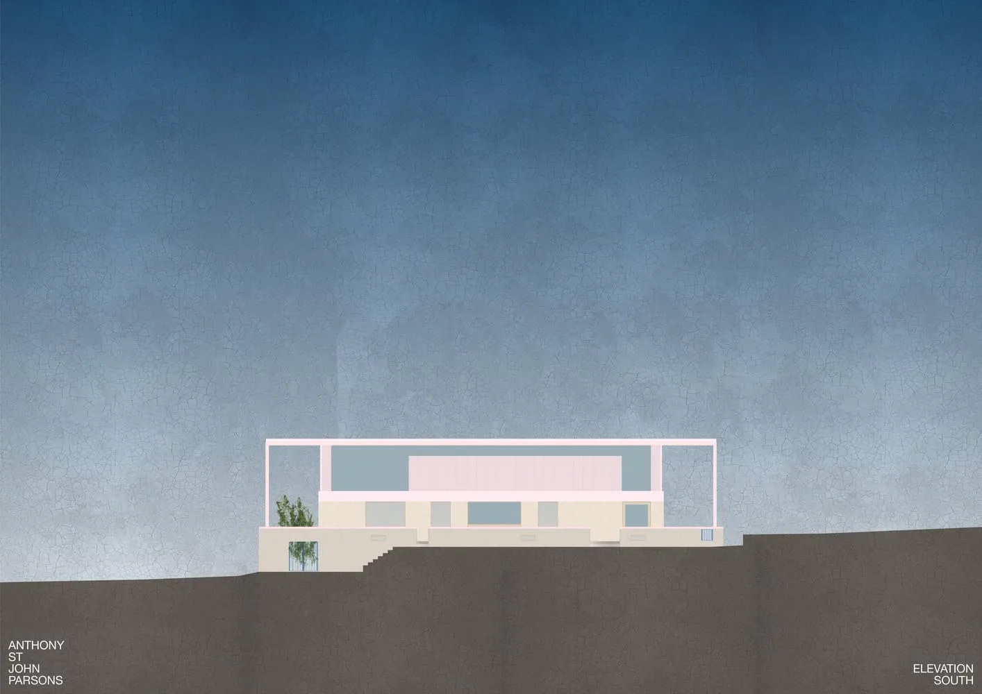 Architectural south facade with walkable context of site in Newcastle home