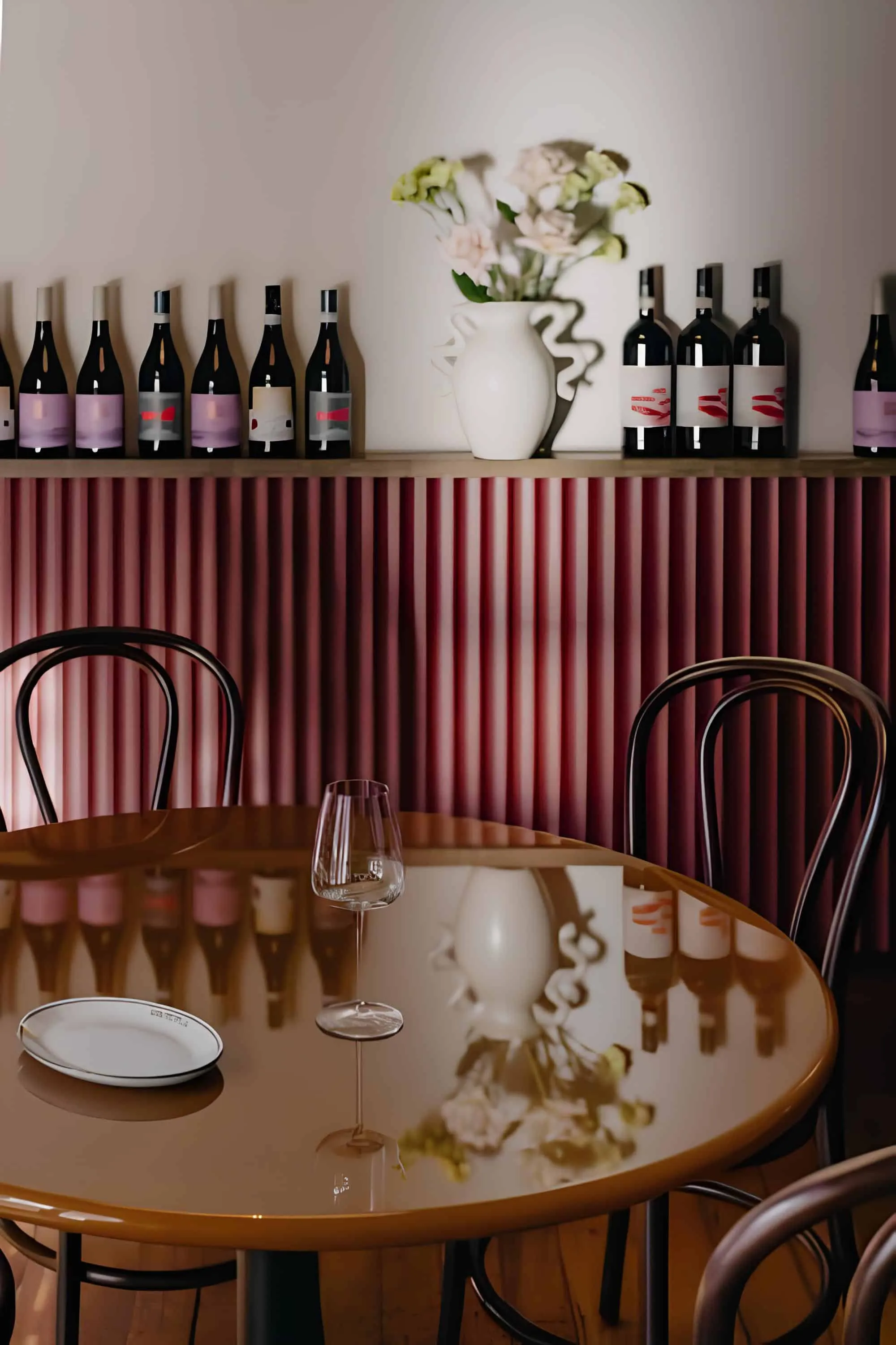 Polished round table reflecting floral centerpiece with wine background