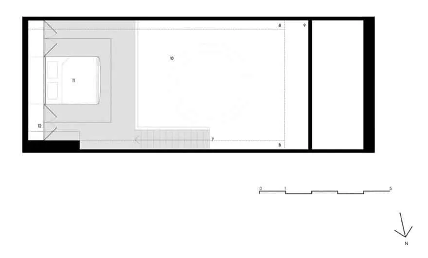 Upper floor plan with bedroom area in brutal apartment