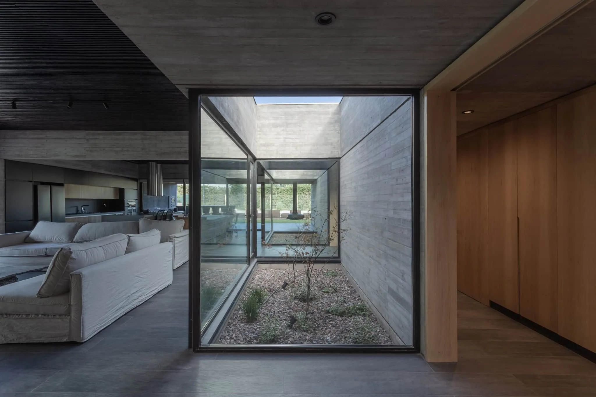 A4estudio设计的Casa Anabela客厅内可见的庭院。