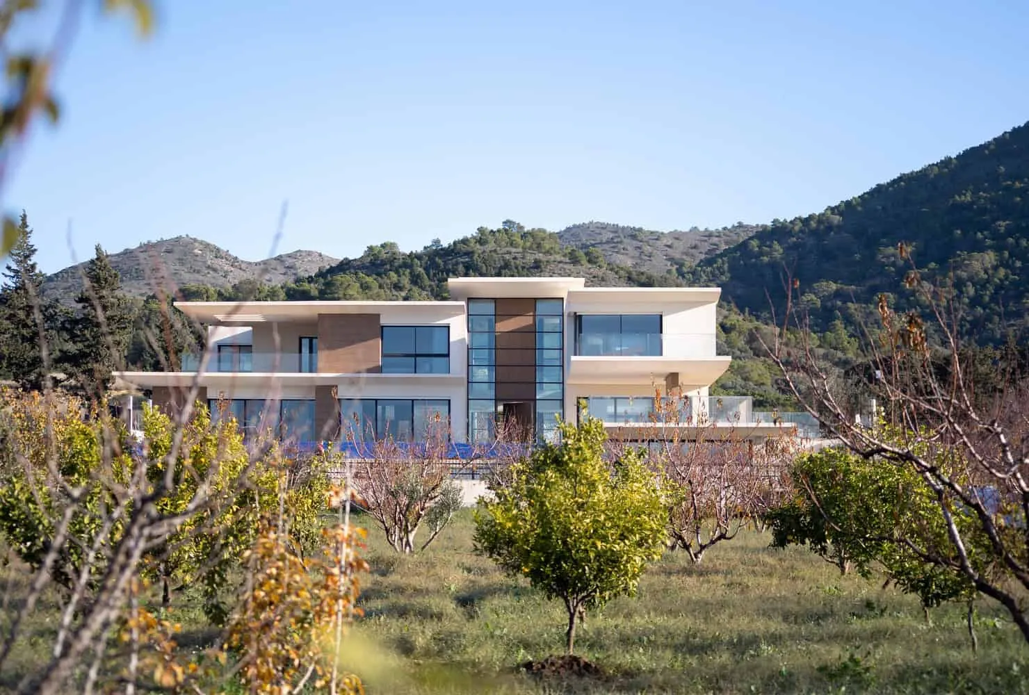 View of modern villa from garden full of fruit trees