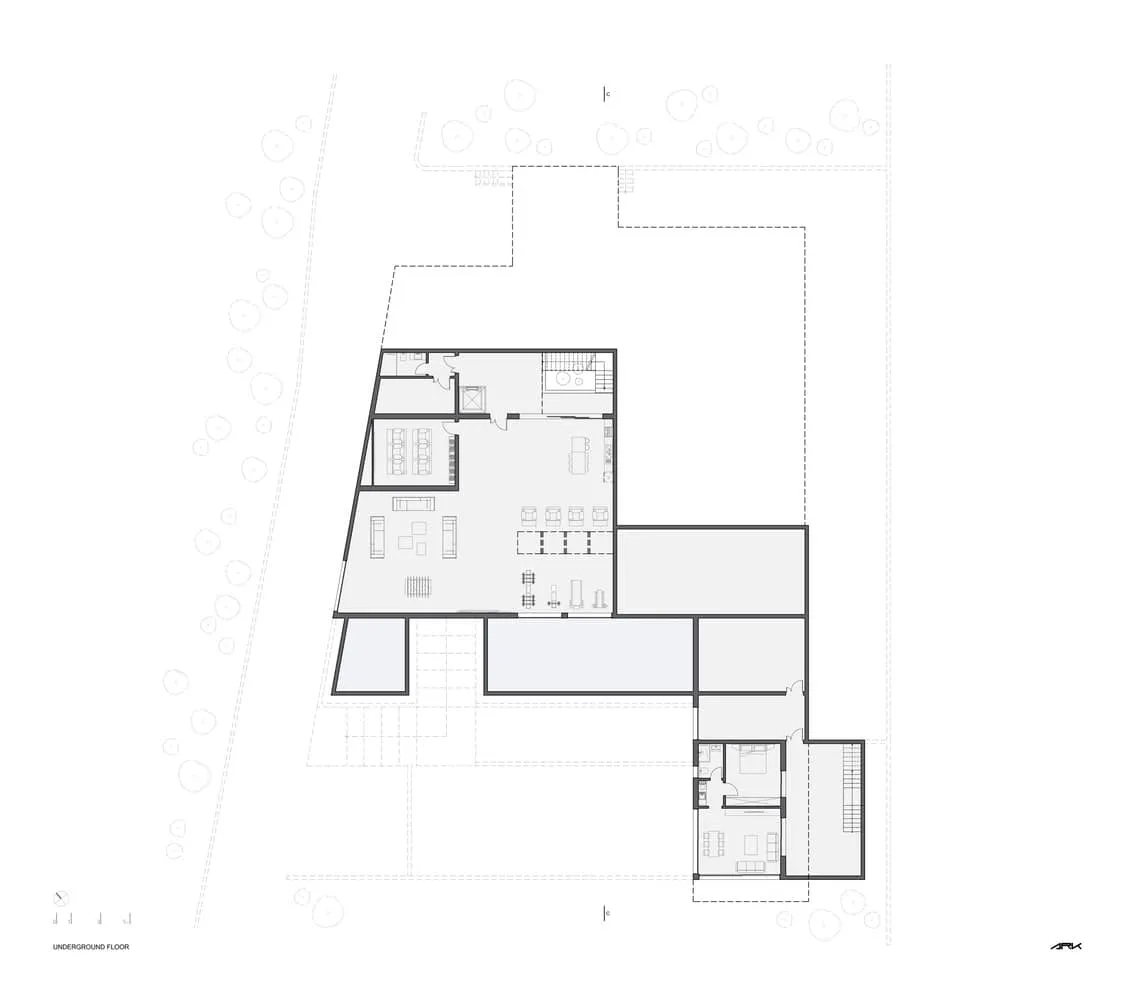 Basement plan with recreational and service spaces