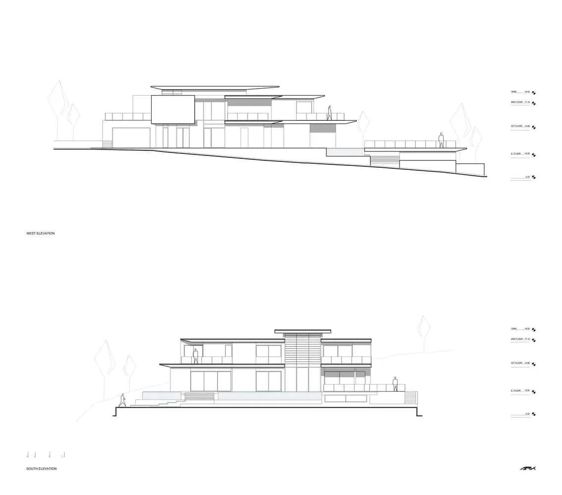 Architectural plans of the western and southern facades of Villa Air by ARK-architecture