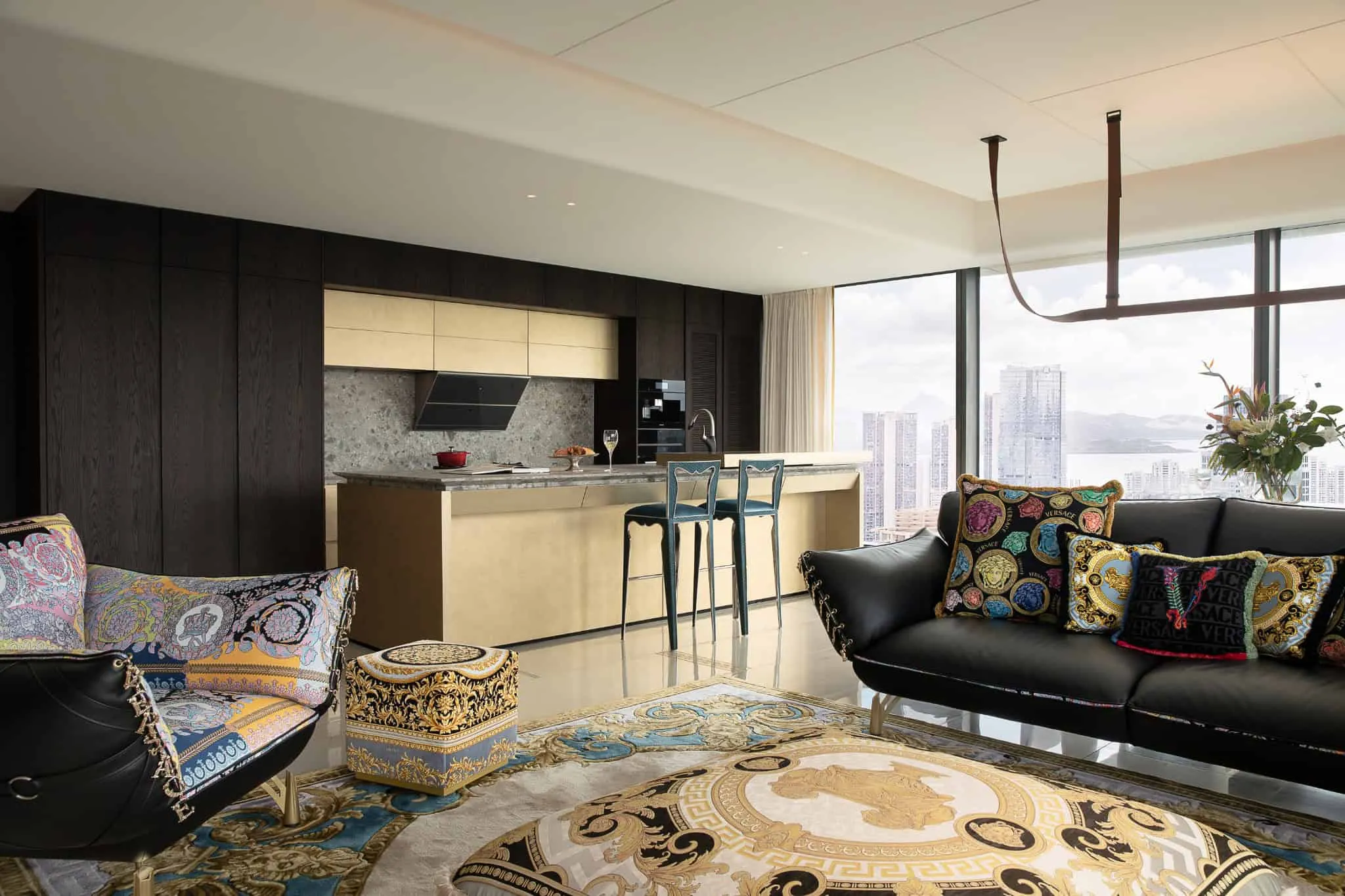 Azure Heights kitchen island and living area by BDSD Boundless Design, Shenzhen, China