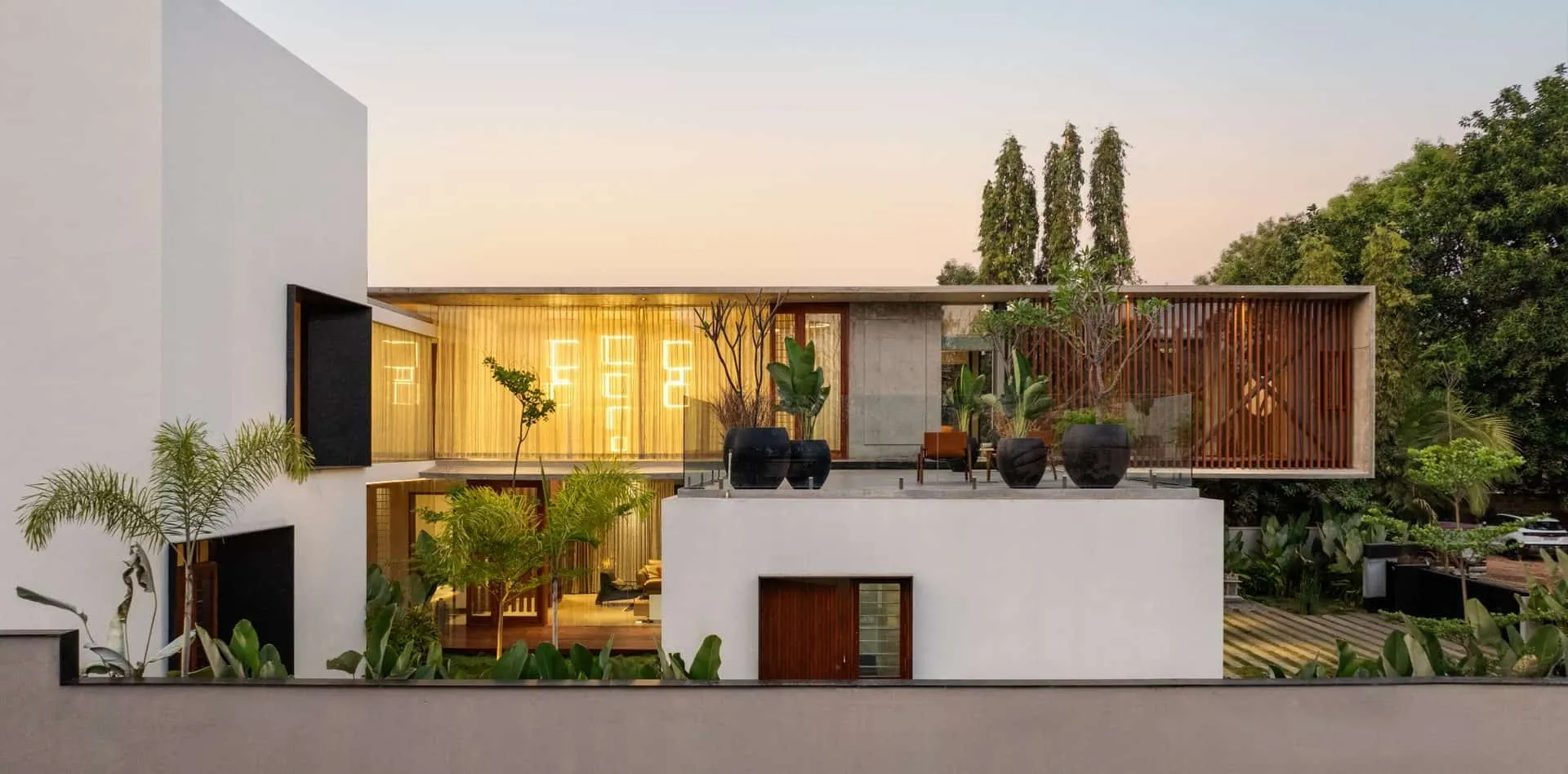 Minimalist House by Crest Architects — terrace in evening, Bangalore, India