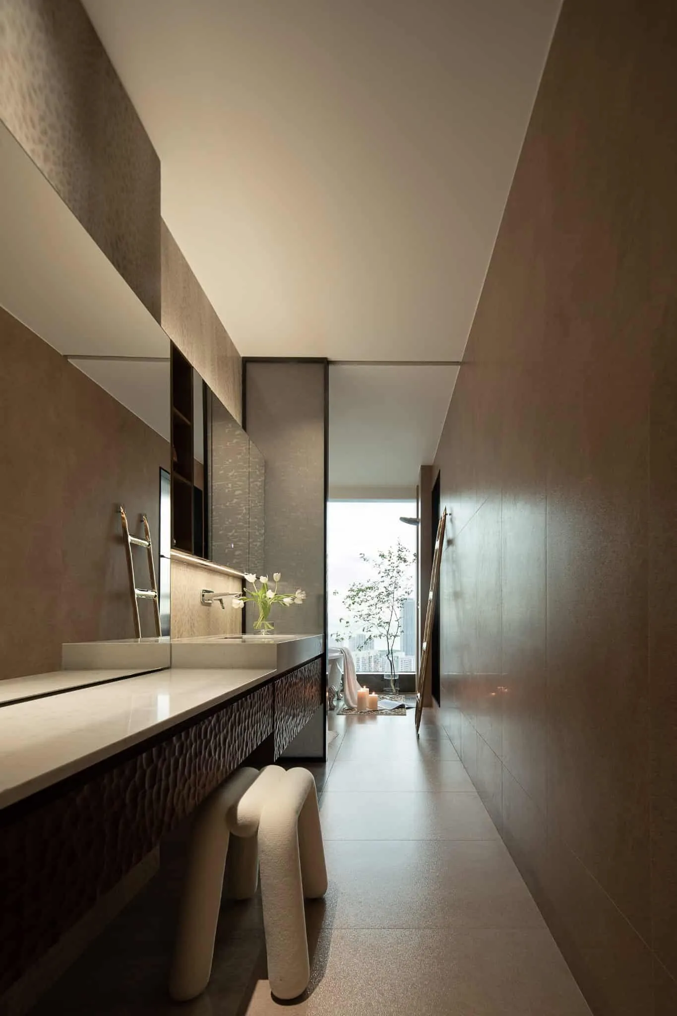 Azure Heights by BDSD Boundless Design — bathroom vanity with skyline view, Shenzhen, China