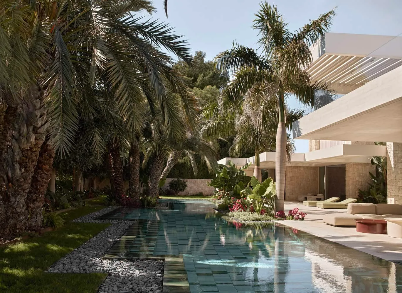 拉莫恩·埃斯特韦工作室的雅卡兰达之家——通往泳池的棕榈树小径，瓦伦西亚，西班牙