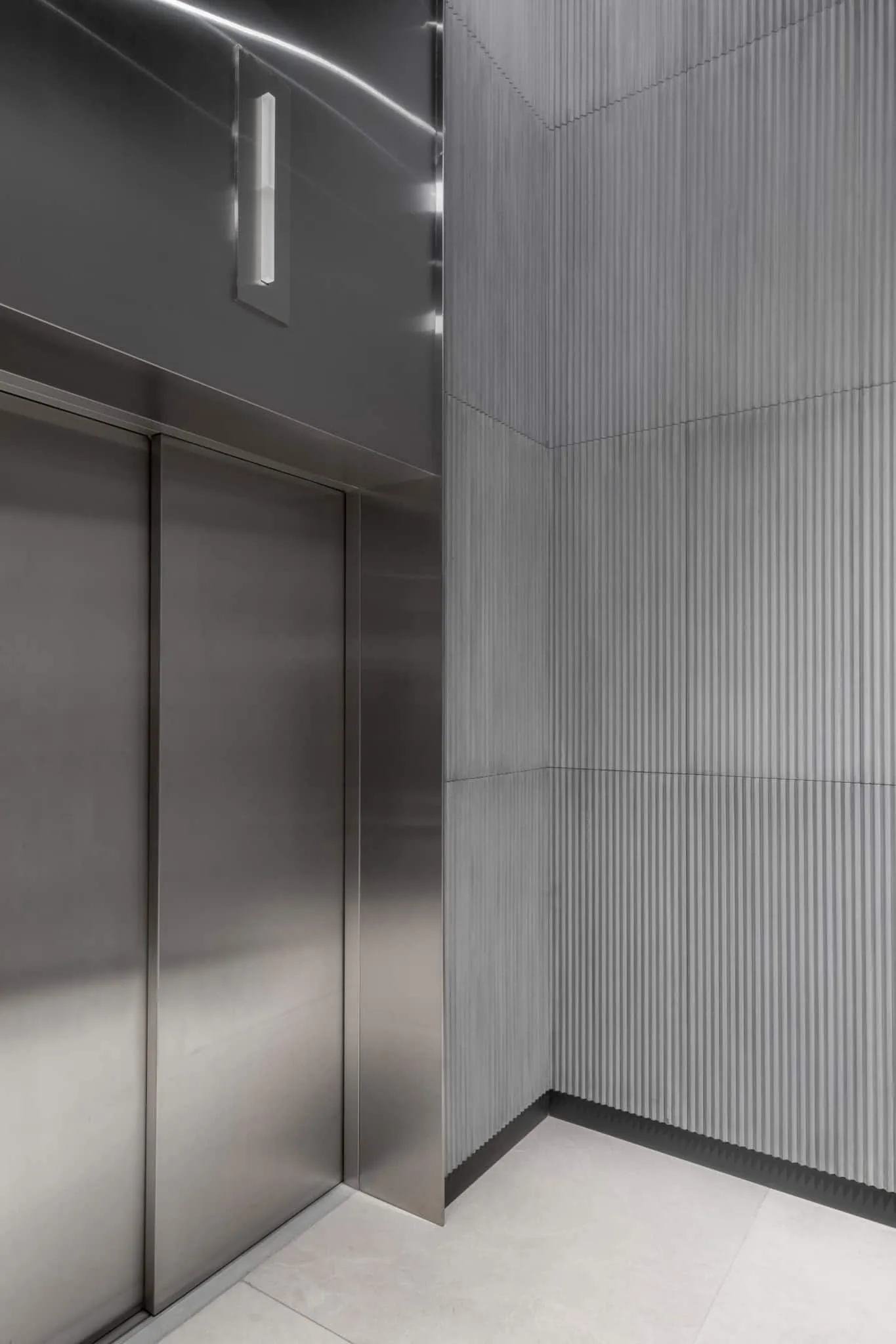 RIVER by VSA.studio, stainless steel elevator door detail, Moscow, Russia